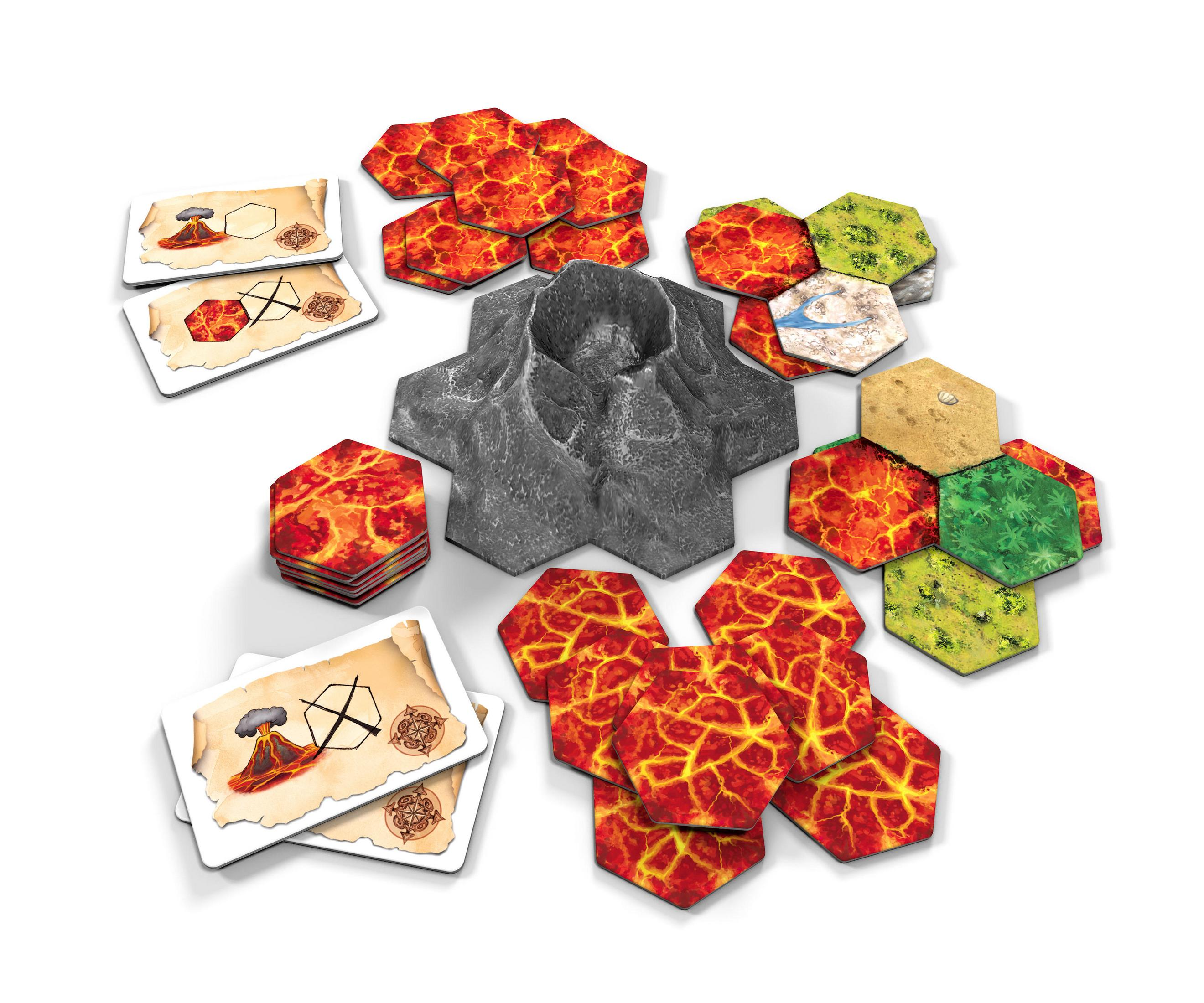 Anordnung von Spielelementen: Vulkan, Lavafliesen und Karten.