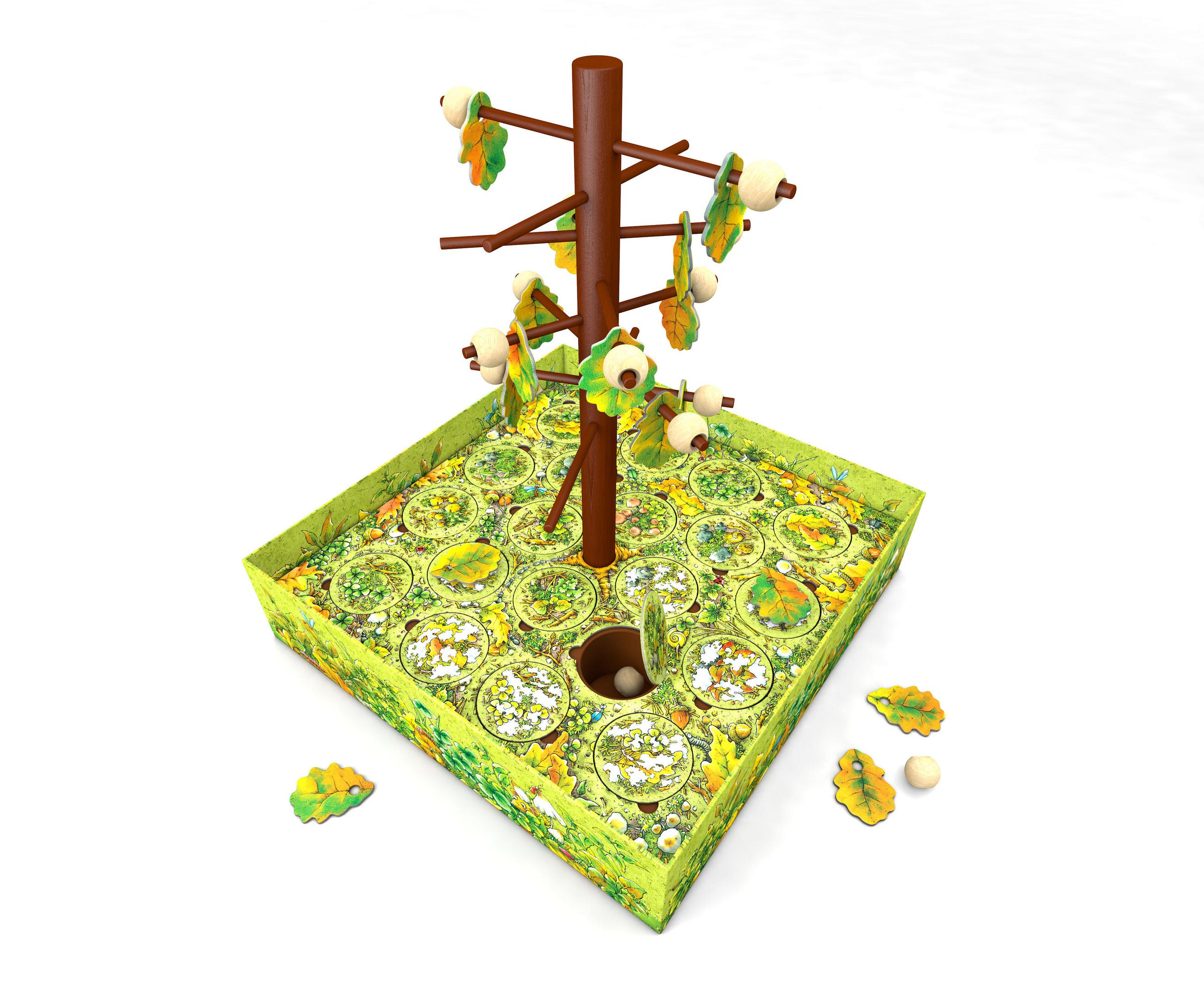 Holzbaumspielzeug mit Blättern und weißen Kugeln. Quadratische Brett als Basis.
