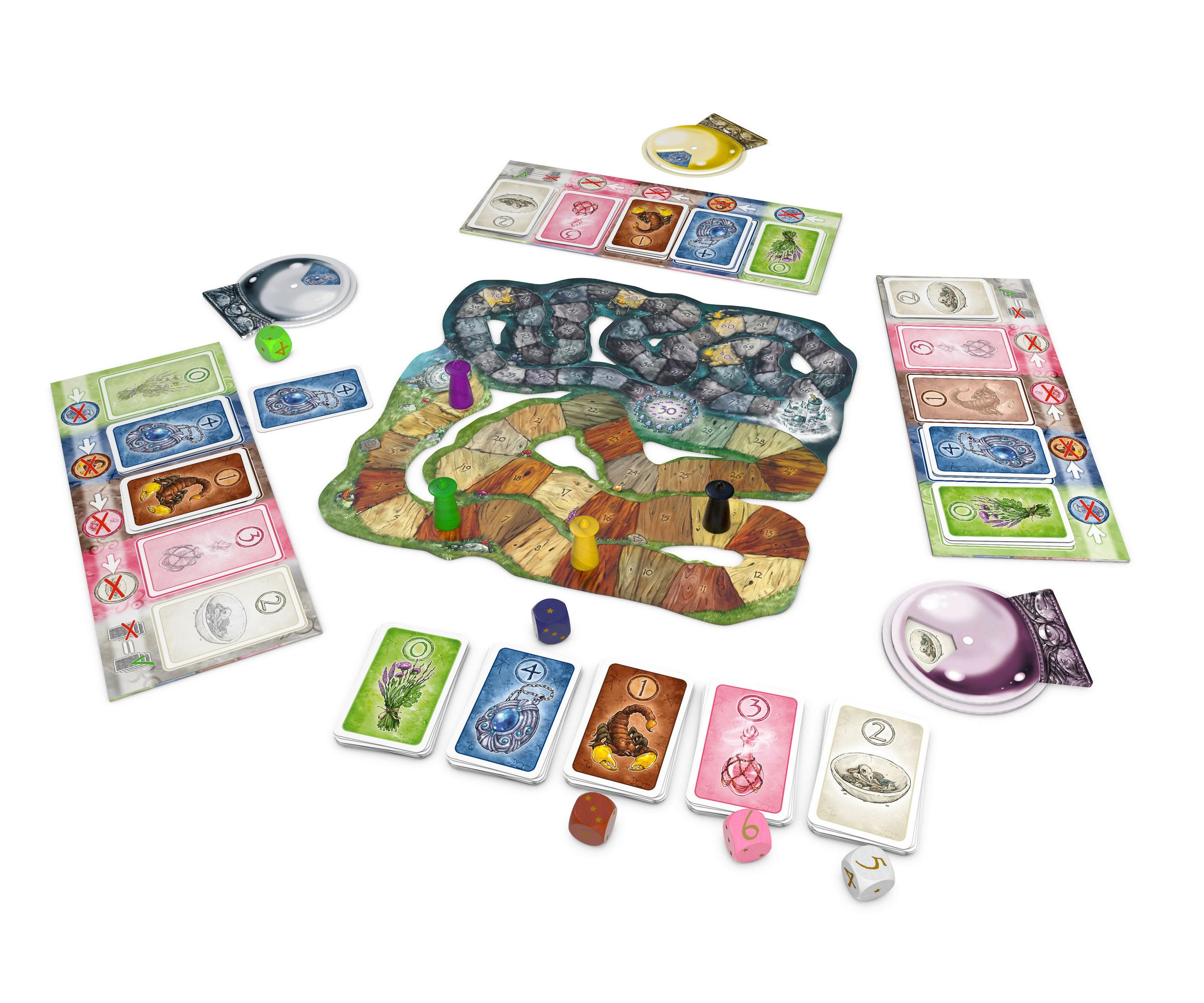 Brettspielkomponenten. Enthält ein Spielbrett, Karten, Würfel und Spielsteine, auf weißem Hintergrund.