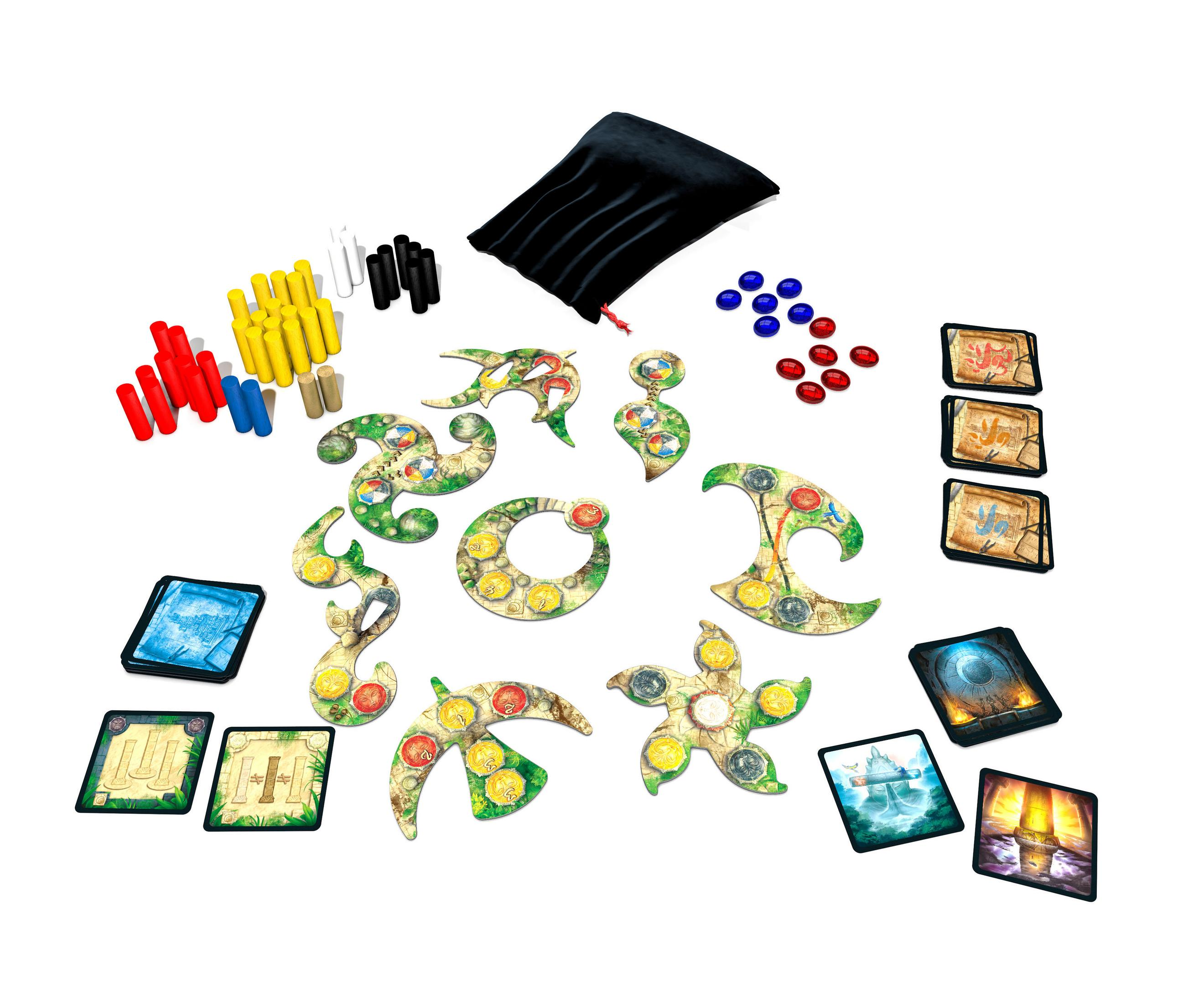 Brettspielkomponenten. Enthält Spielsteine, Karten und einen schwarzen Beutel.