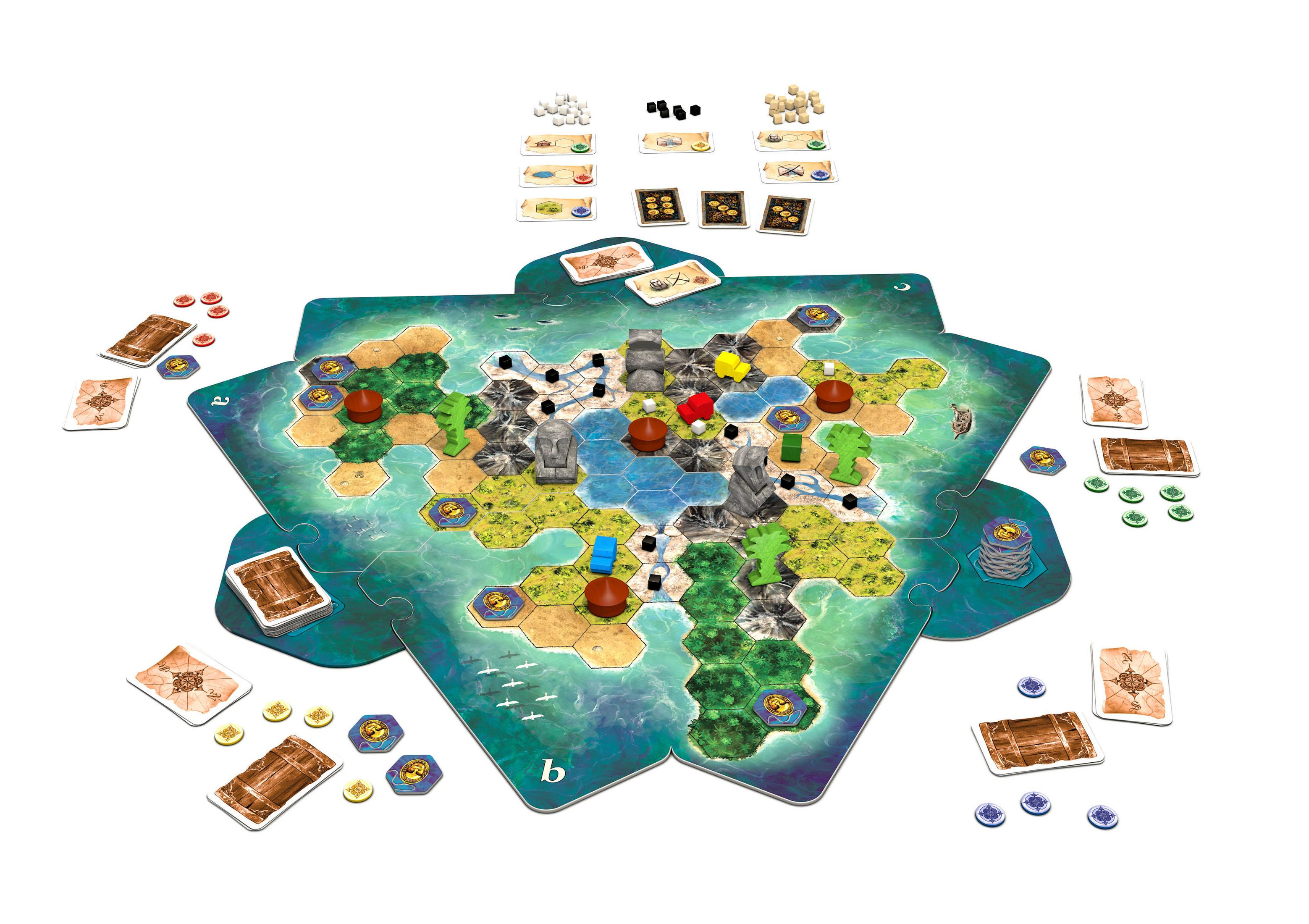 Ein Brettspiel, das mit einem Insel-Themenbrett, sechseckigen Feldern und verschiedenen Spielsteinen ausgelegt ist.