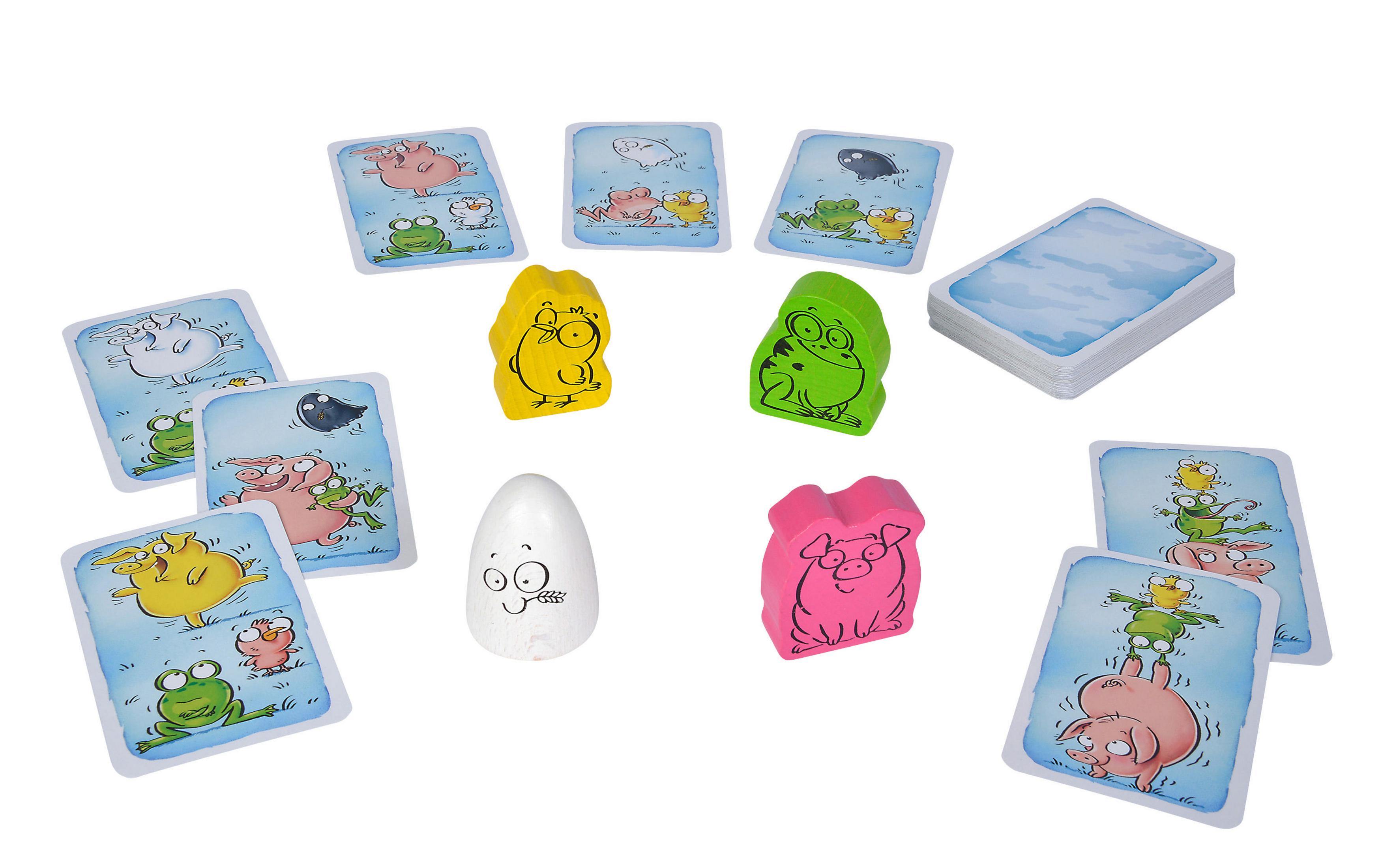 Brettspiel mit Cartoon-Schweinen und Fröschen. Spielsteine ​​sind Schweine, Frösche und Karten.