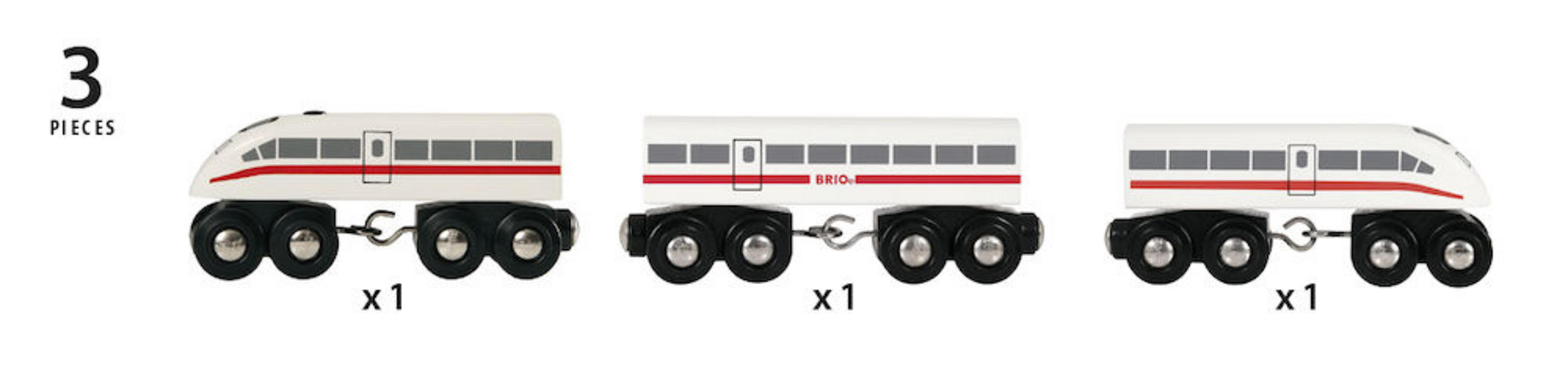 Dreiteiliges Spielzeugzug-Set mit weißen und roten Waggons auf weißem Hintergrund.