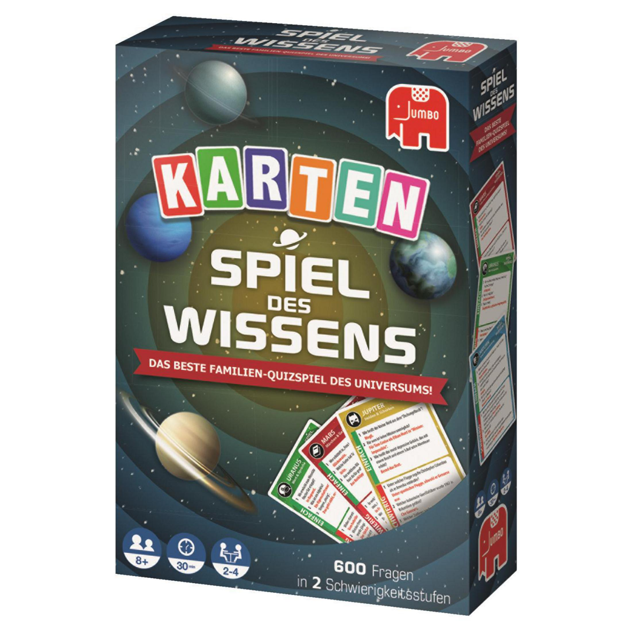 Eine Brettspielbox mit Planeten, Weltraum und Text über Wissen.