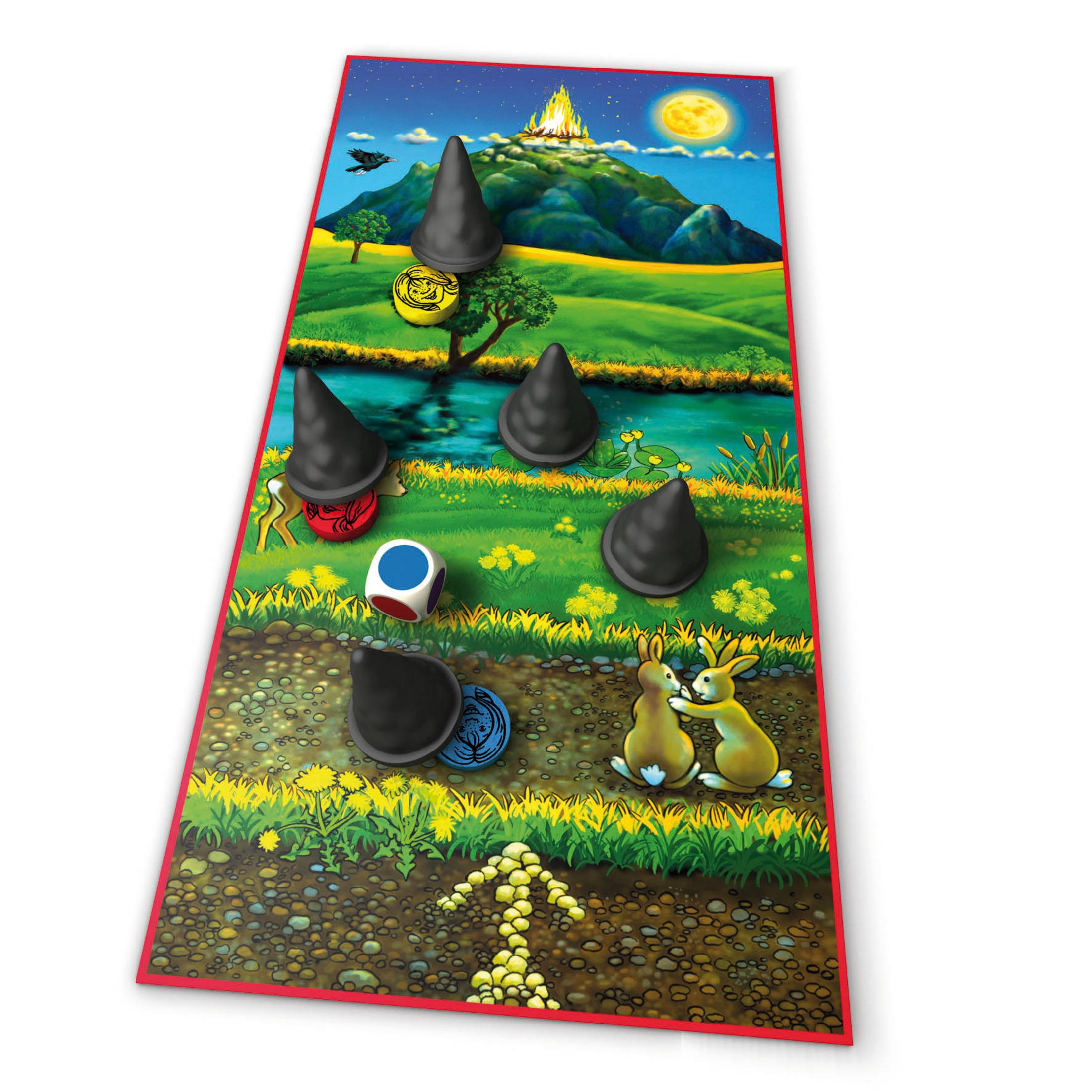 Brettspiel mit Fantasy-Landschaft und Spielsteinen.