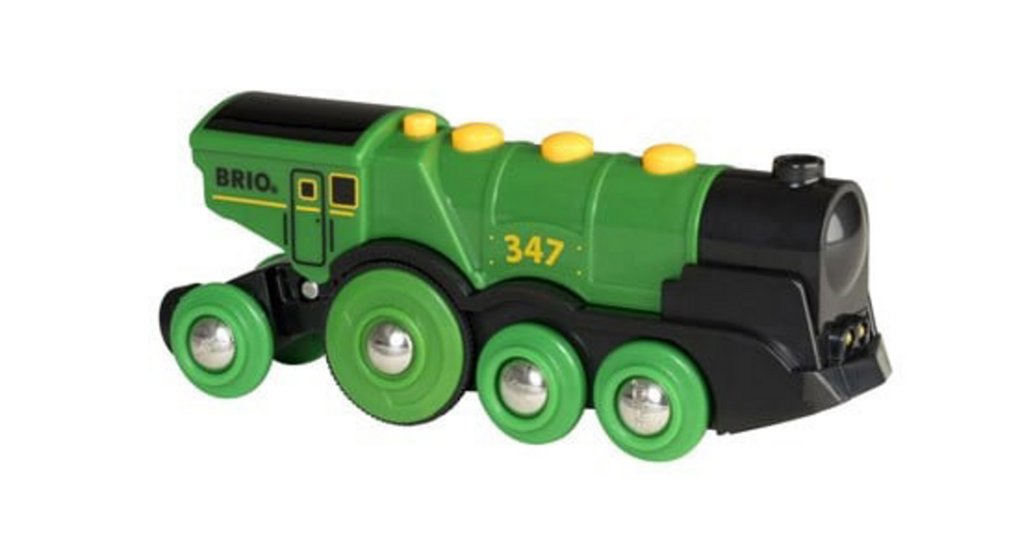Grüne Spielzeuglokomotive mit schwarzen Details, gelben Akzenten und der Nummer 347.