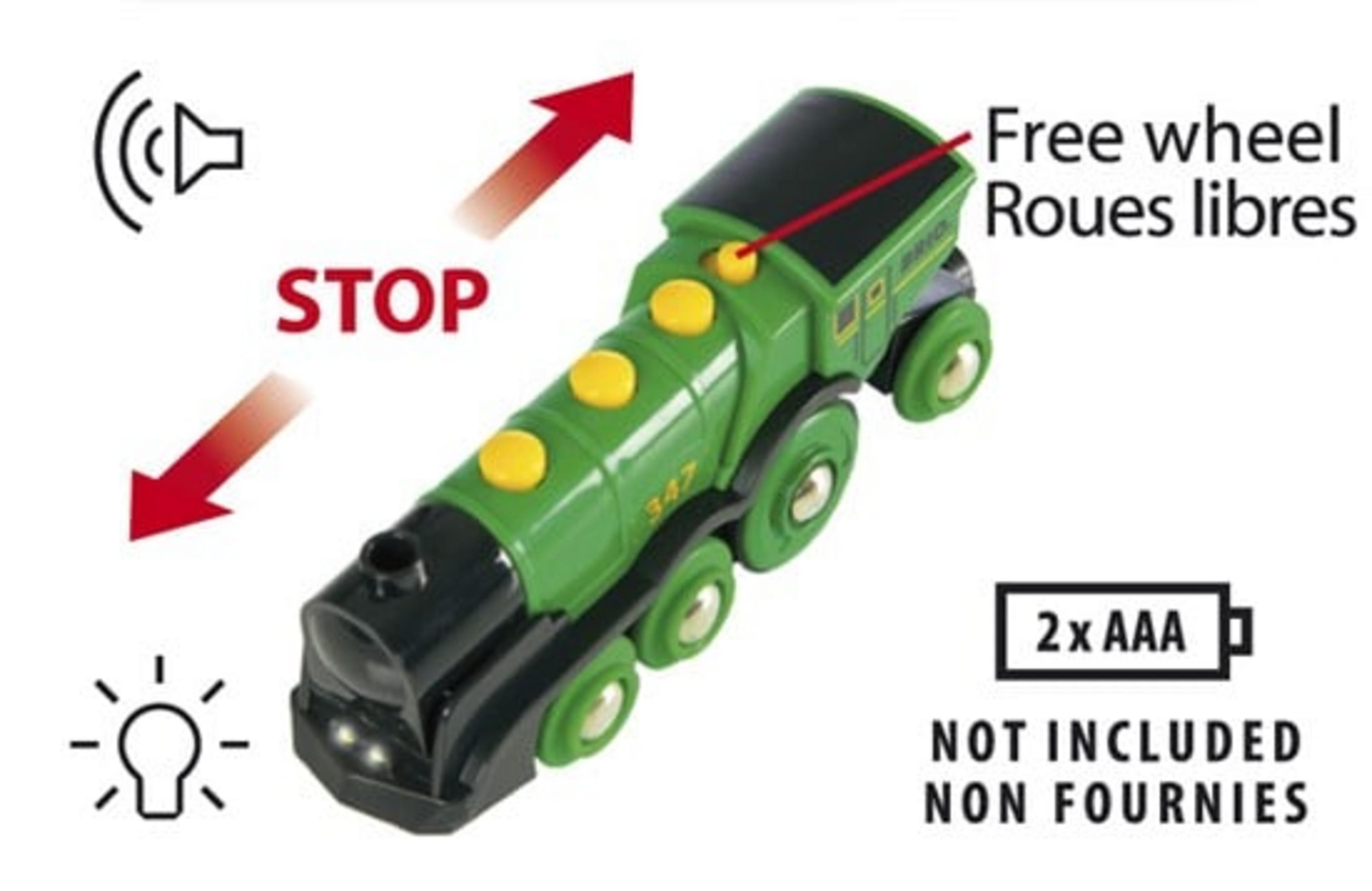 Grüne Spielzeuglokomotive mit Stoppfunktion, Licht- und Tonsymbolen.