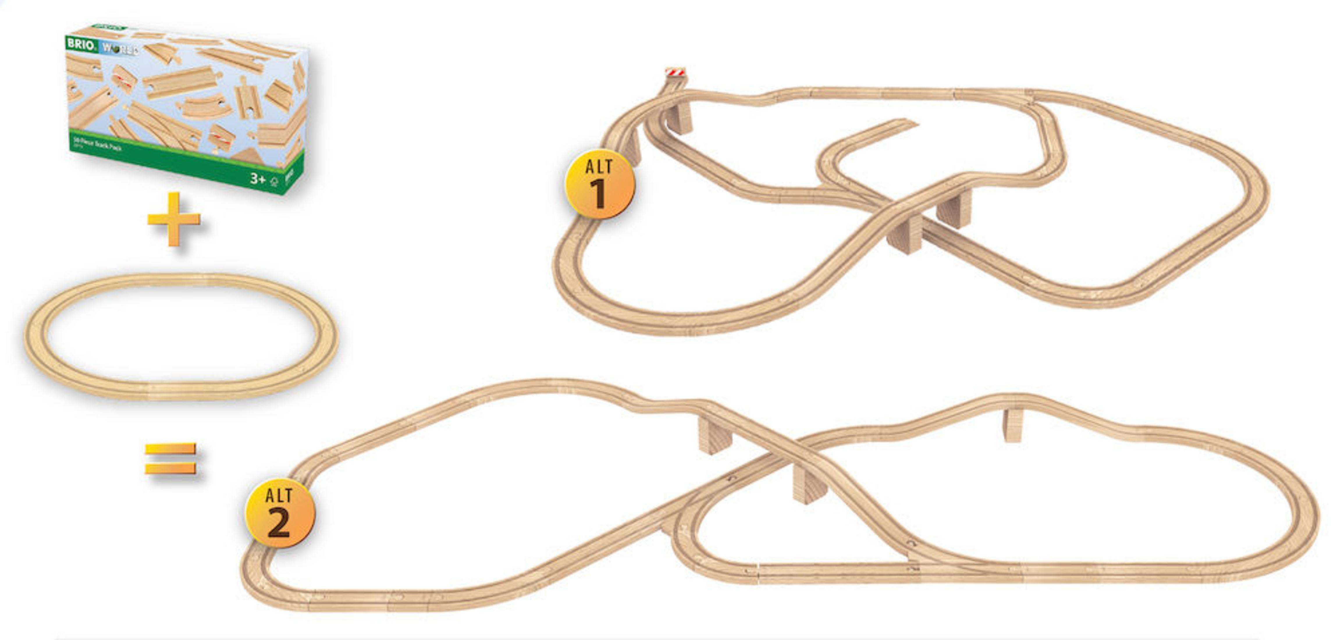 Layout di binari per trenini giocattolo in legno con binari e ponti in legno.