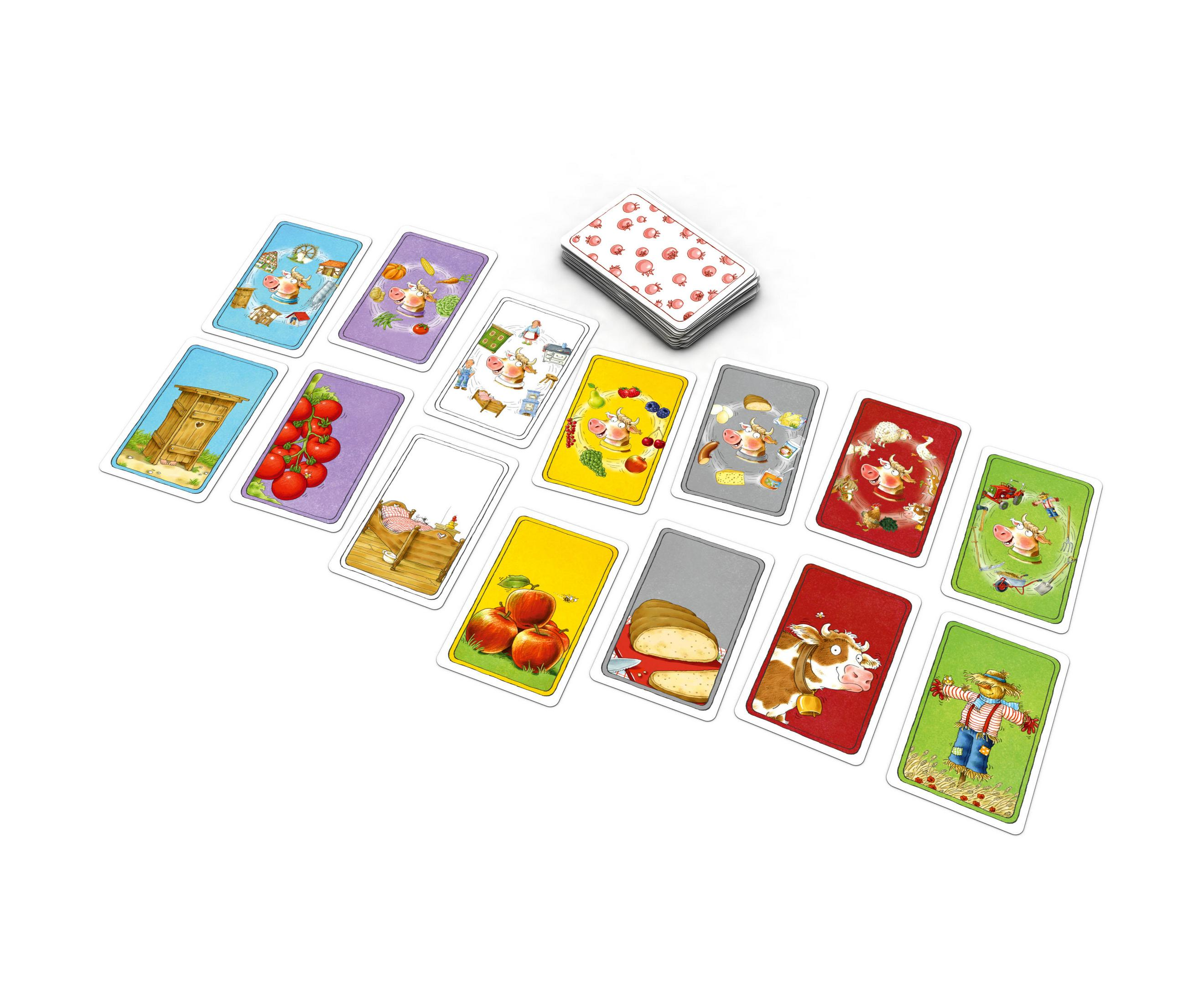 Spielkarten auf weißer Oberfläche, die verschiedene Illustrationen zum Thema Bauernhof zeigen.