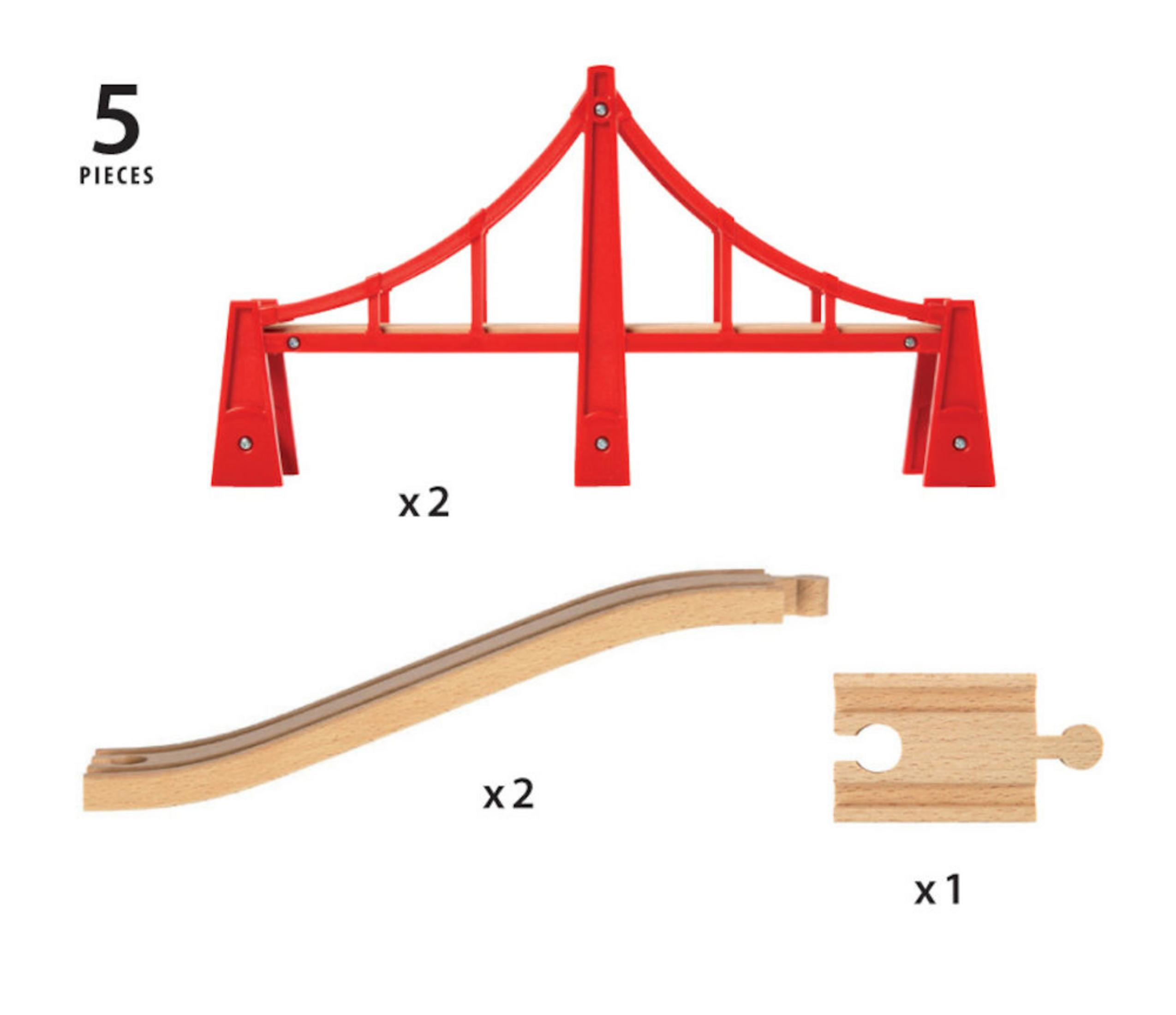 Das Bild zeigt die Teile zum Zusammenbau einer Spielzeugbrücke: zwei rote Brückenteile und zwei Holzschienen.
