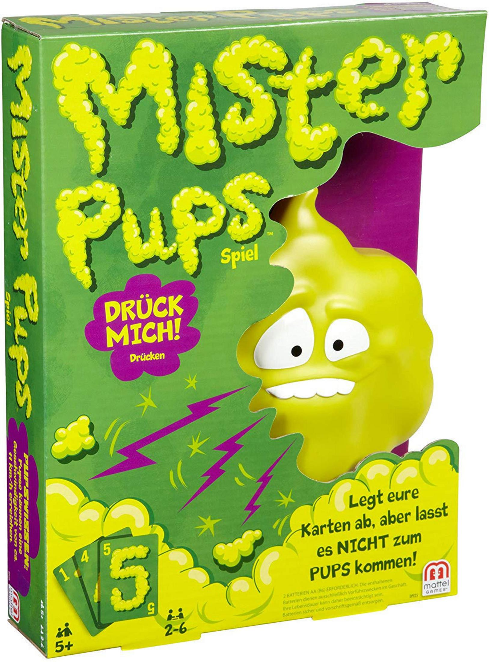 Grüne 'Mister Pups' Spielbox, mit gelbem, cartoonartigem Charakter und Karten.