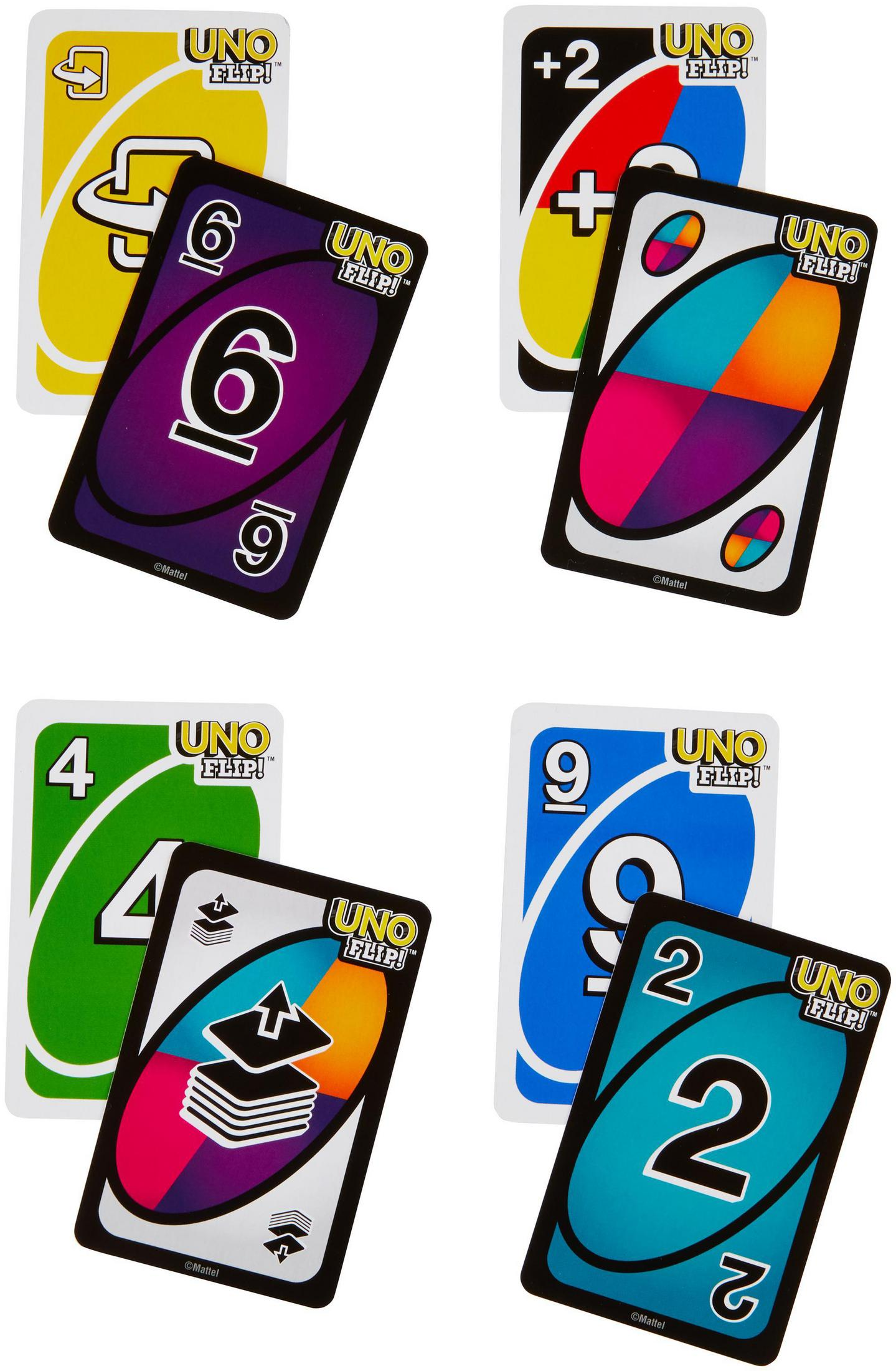 Quatre cartes UNO : jaune 5, violet 6, vert 4 et bleu 2. Chaque carte est associée à une carte d'action.