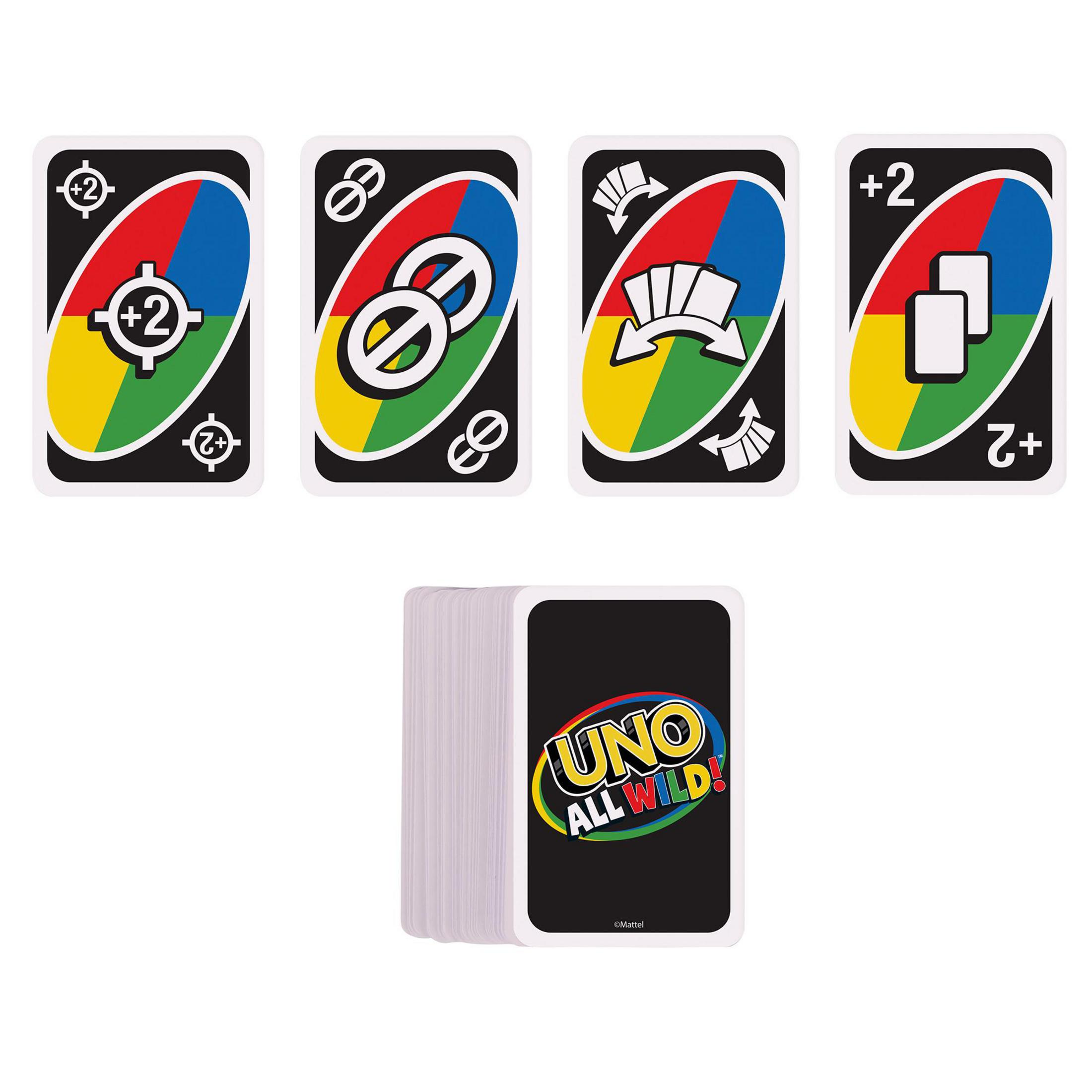 Carte del gioco di carte Uno. Sono visibili quattro carte colorate e un mazzo di carte.