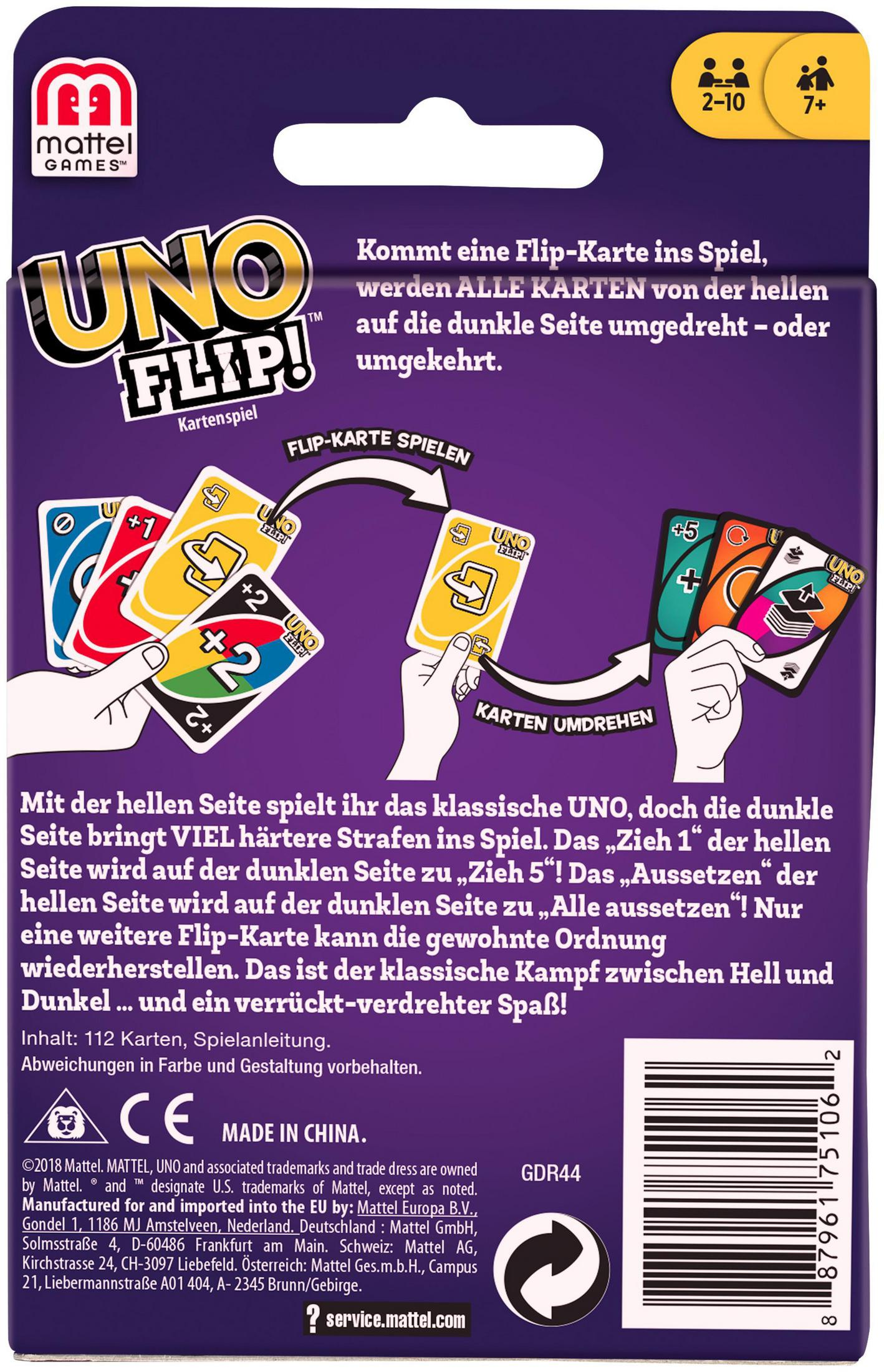 Dos d'une boîte de jeu de cartes UNO Flip! avec instructions et illustrations sur le retournement des cartes.