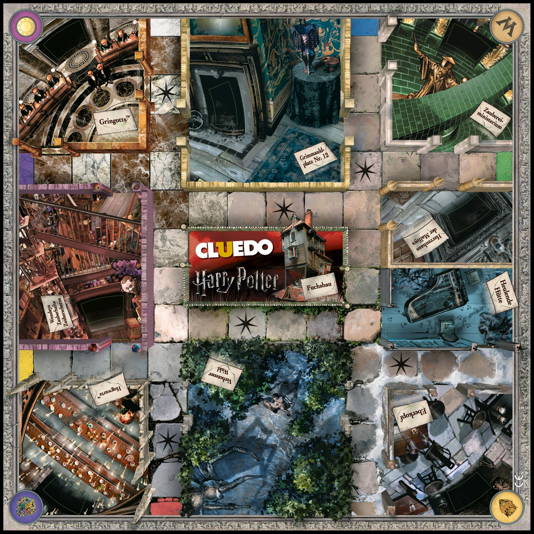 Ein Cluedo-Brettspiel im Harry-Potter-Universum. Das Spielbrett ist ein Layout der Hogwarts-Räume.