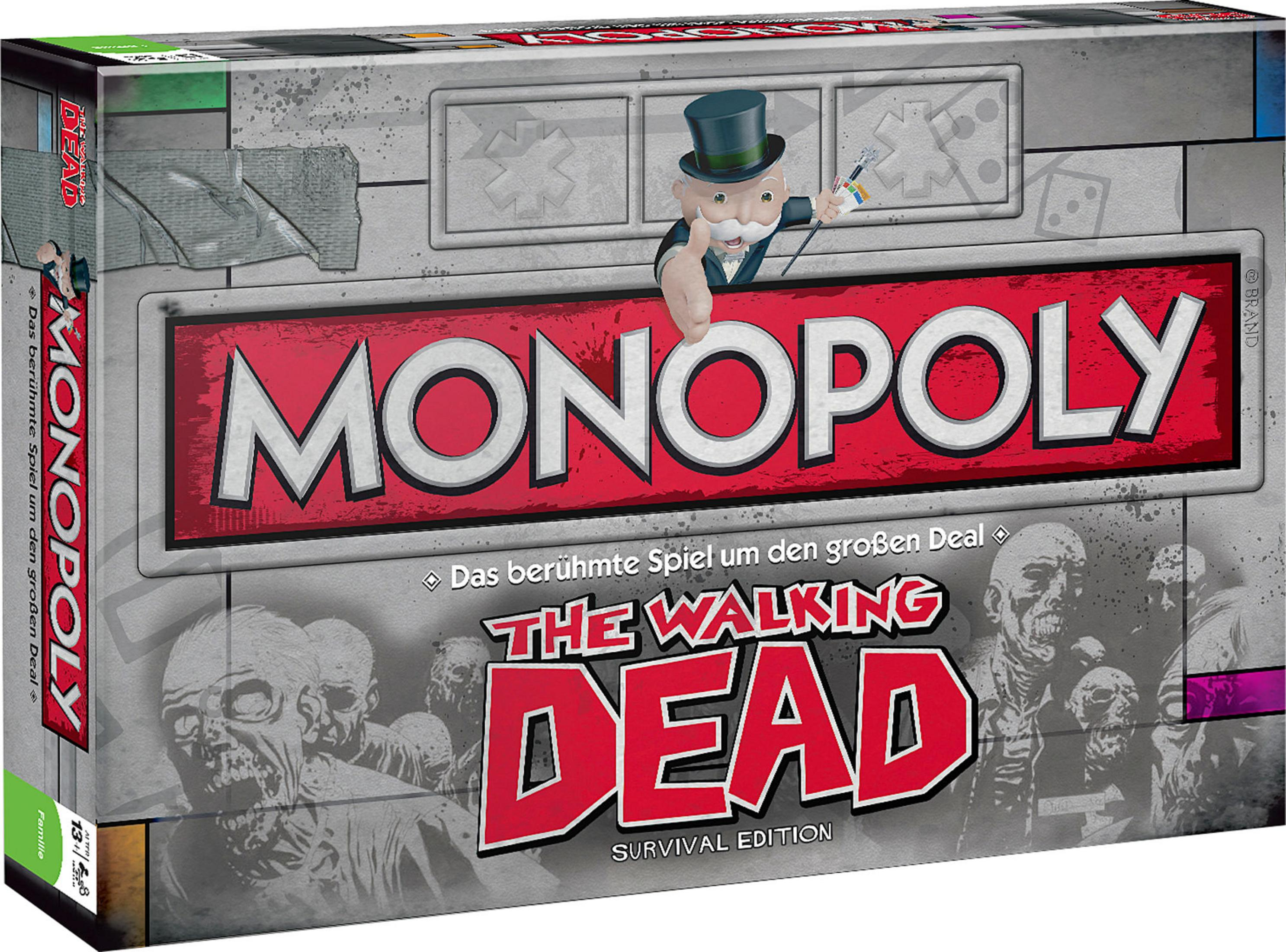 Pudełko Monopoly The Walking Dead. Zawiera postać Monopoly i grafikę o tematyce zombie.