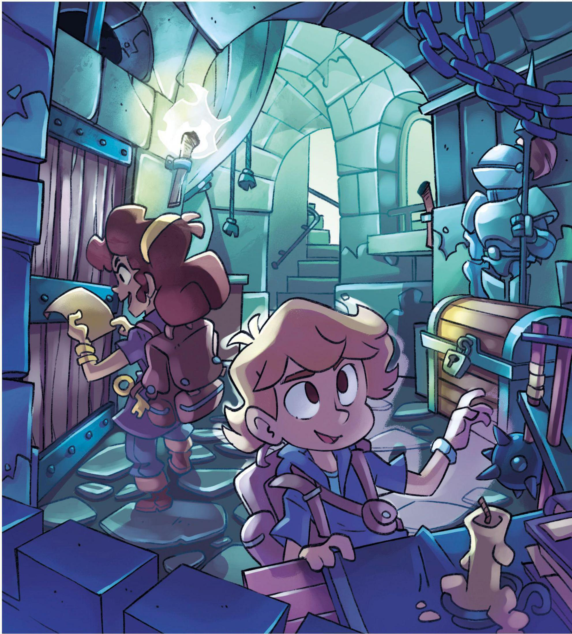 Zwei Zeichentrickfiguren in einer Dungeon-Umgebung, mit Truhe und Fackel.
