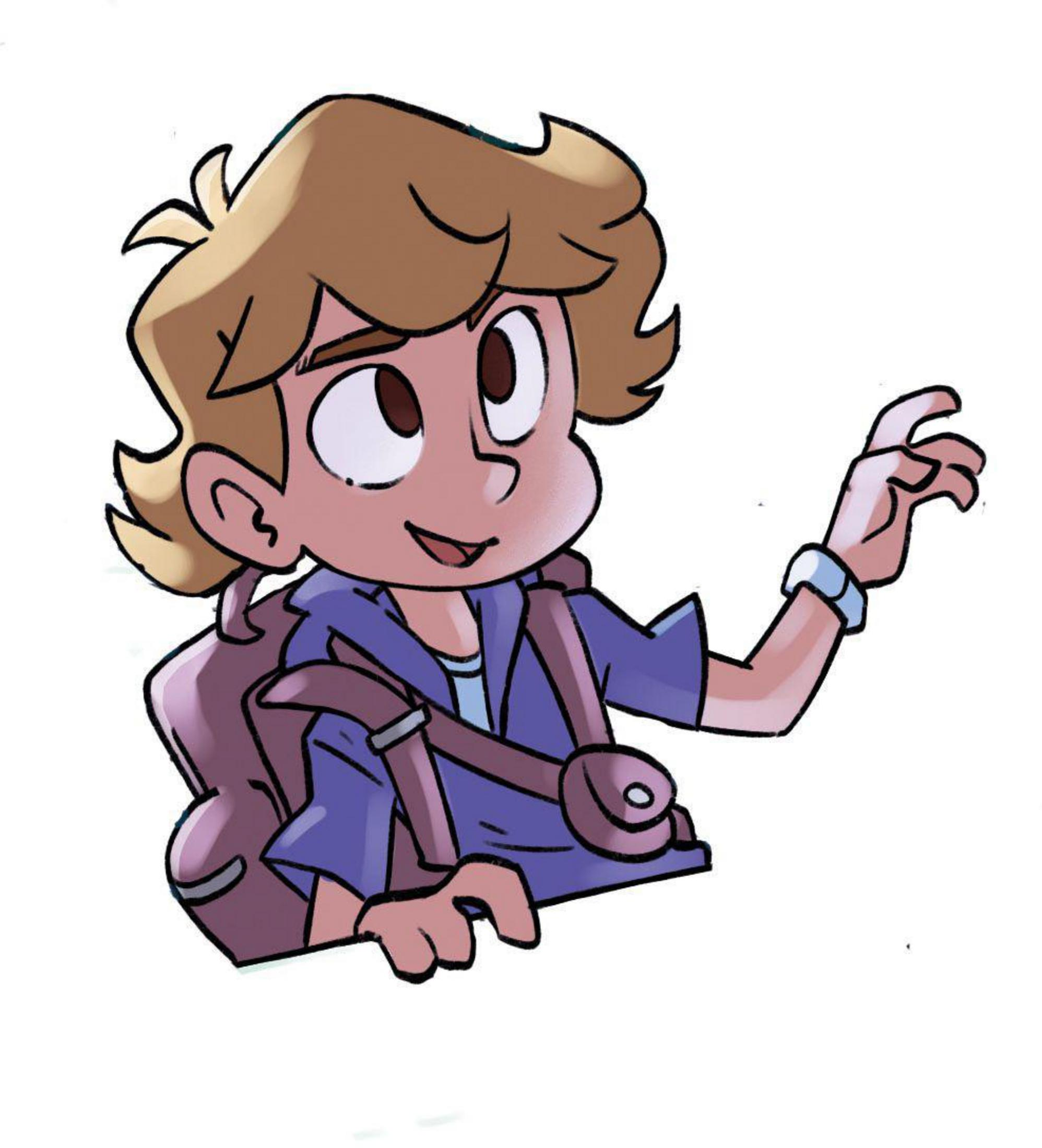 Ein Cartoon-Junge mit braunen Haaren, einem Rucksack und einem blauen Hemd, winkt und lächelt.