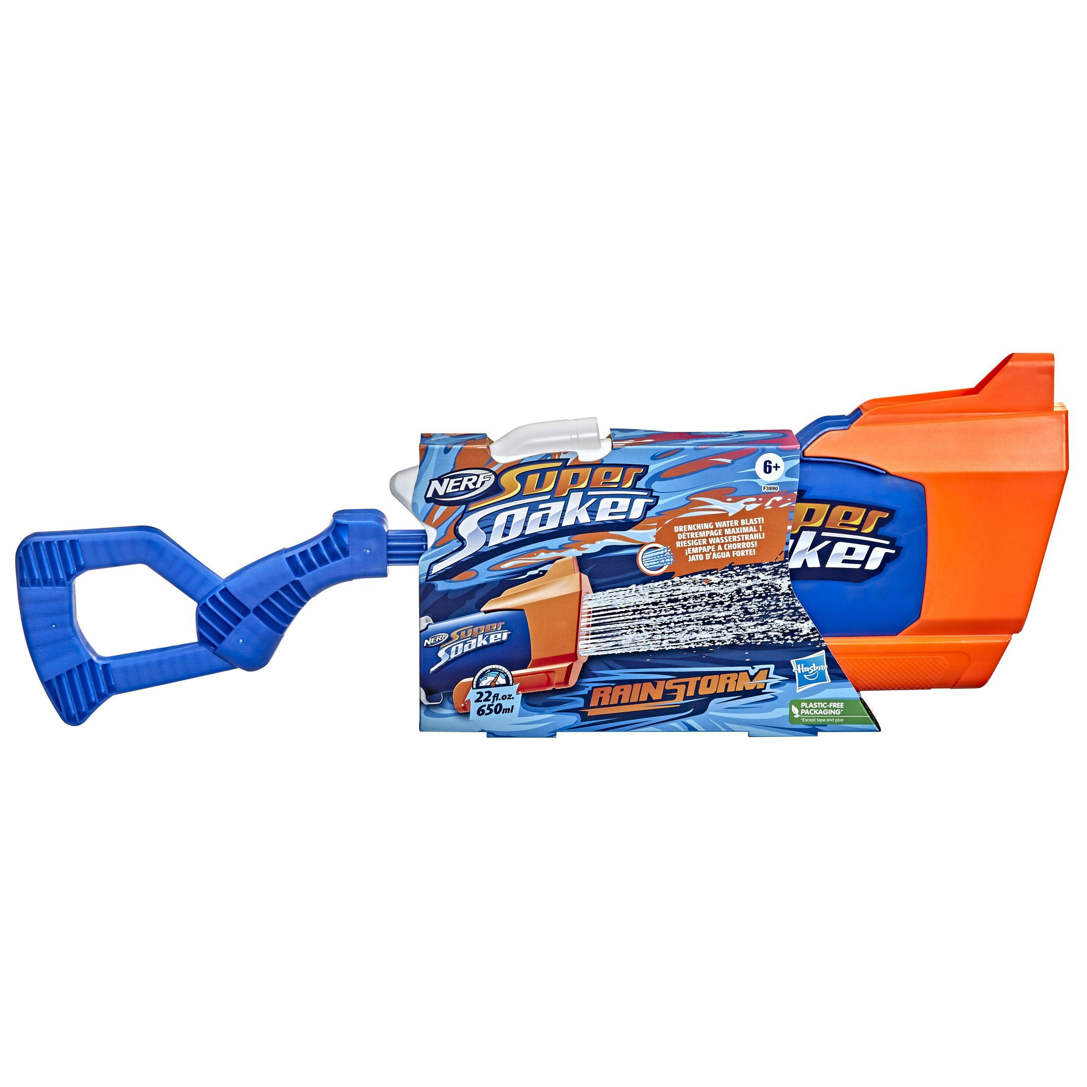 Pistola de agua Nerf Super Soaker. Diseño azul y naranja con embalaje.