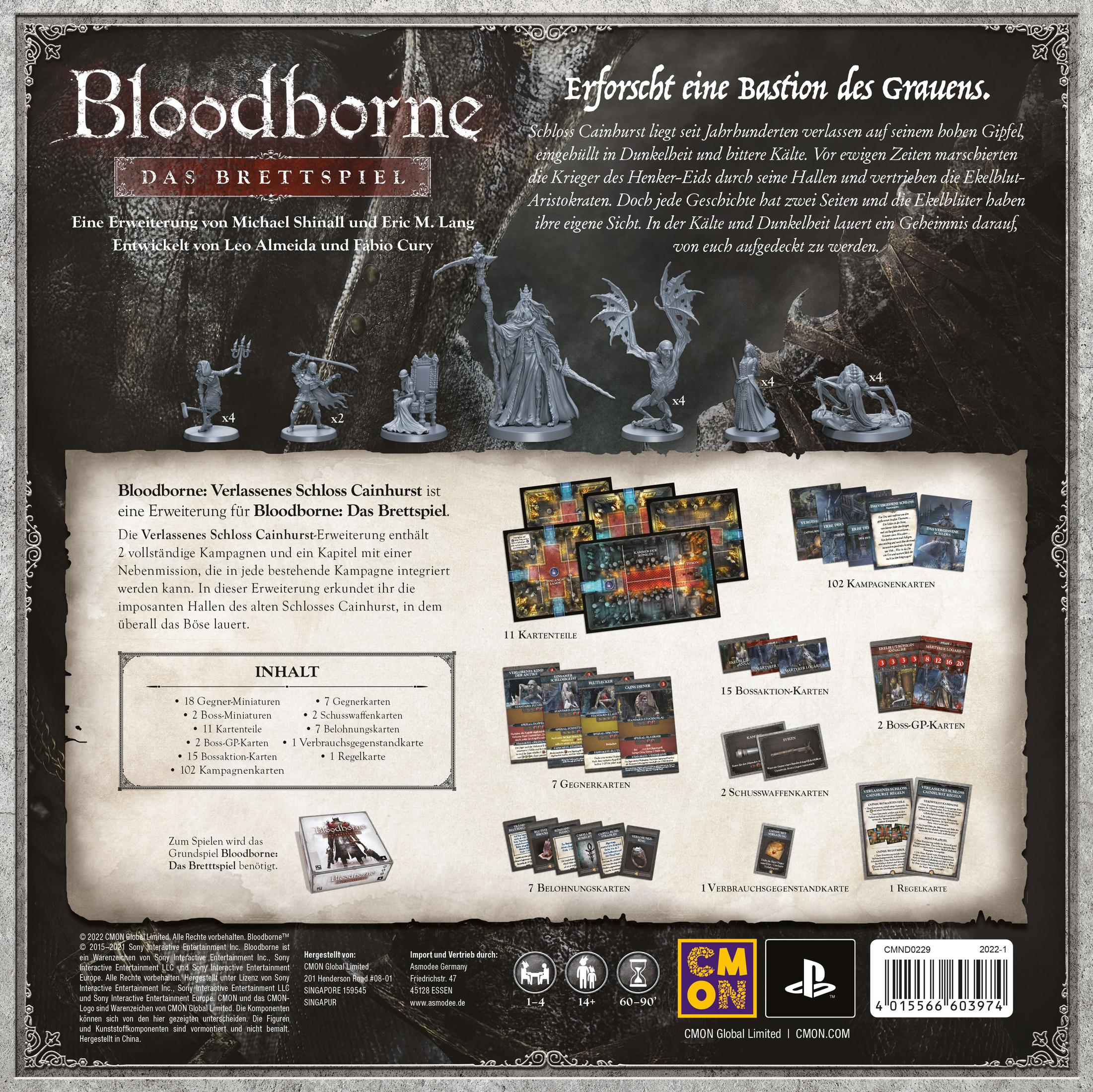 Spielbox mit Bloodborne Brettspiel. Die Box zeigt Figuren, Karten und Spielinhalte.