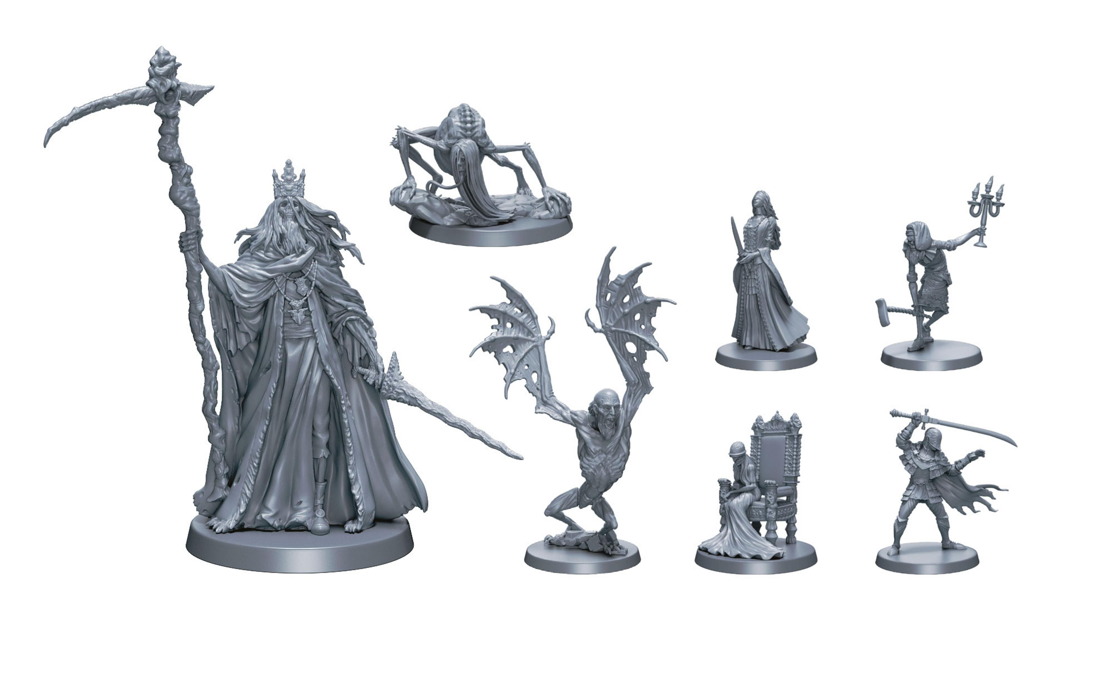 Eine Sammlung grauer Miniaturen von Fantasy-Figuren, darunter ein König, ein Monster und ein Krieger.