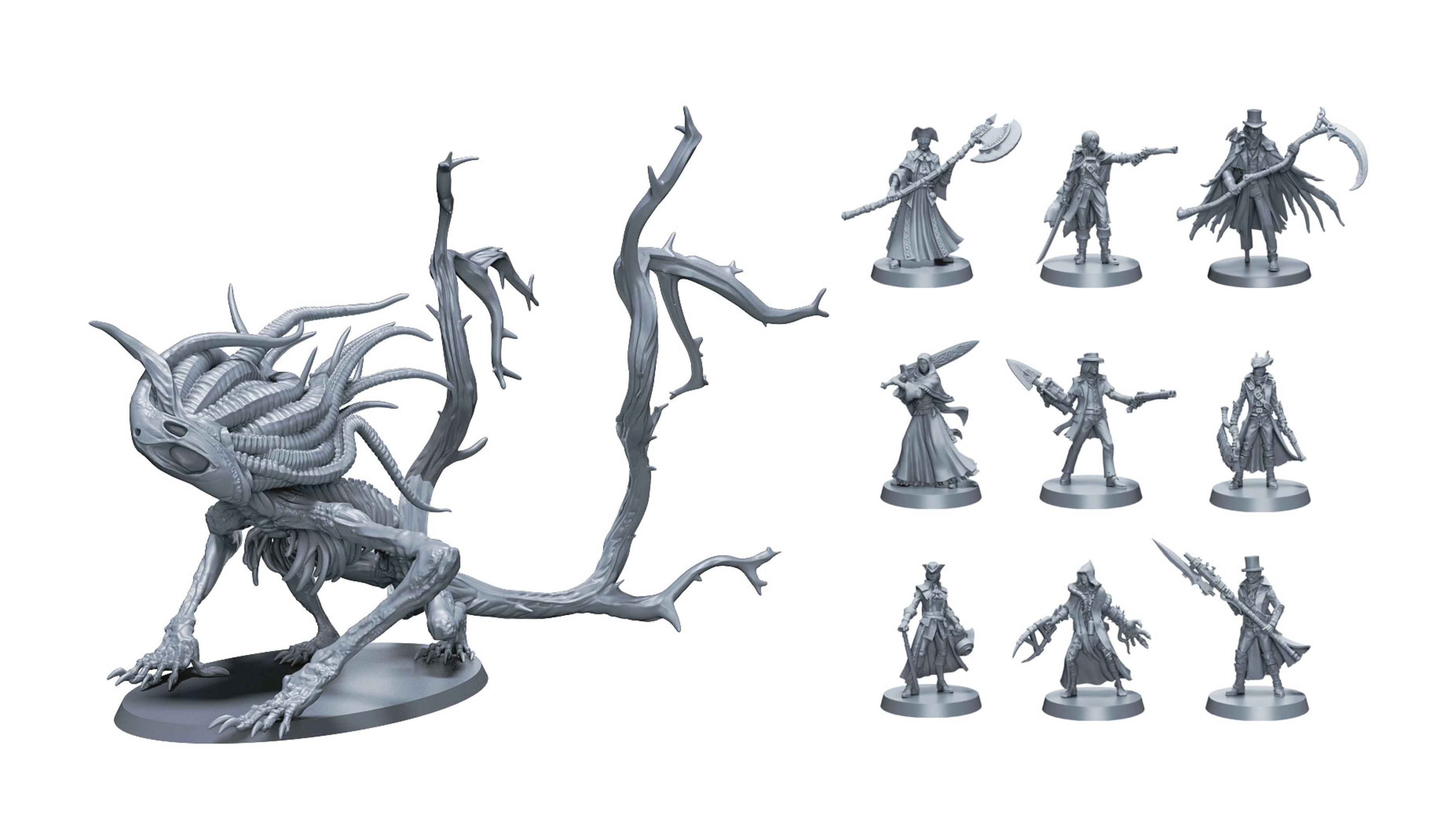 Graue Miniaturen von Monstern und Menschen. Mehrere Figuren auf Weiß.