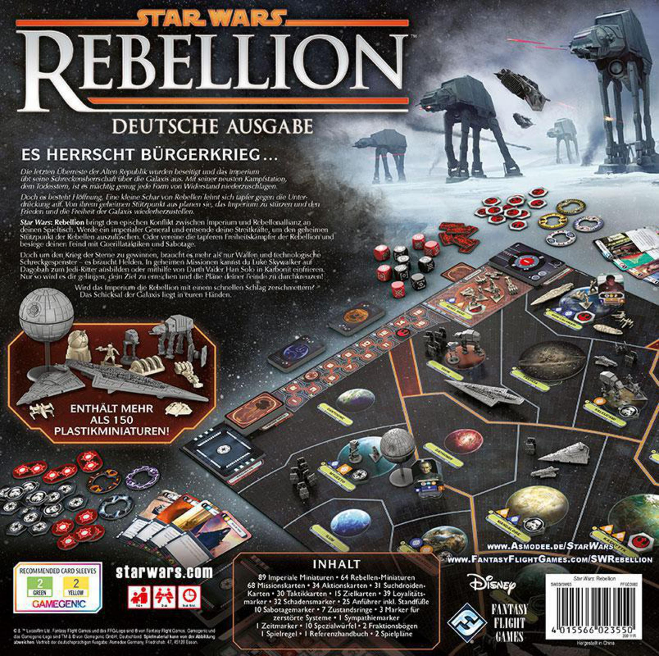 Die Star Wars Rebellion Spielbox. Die Box hat Bilder von Star Wars Charakteren und einem Spielbrett.