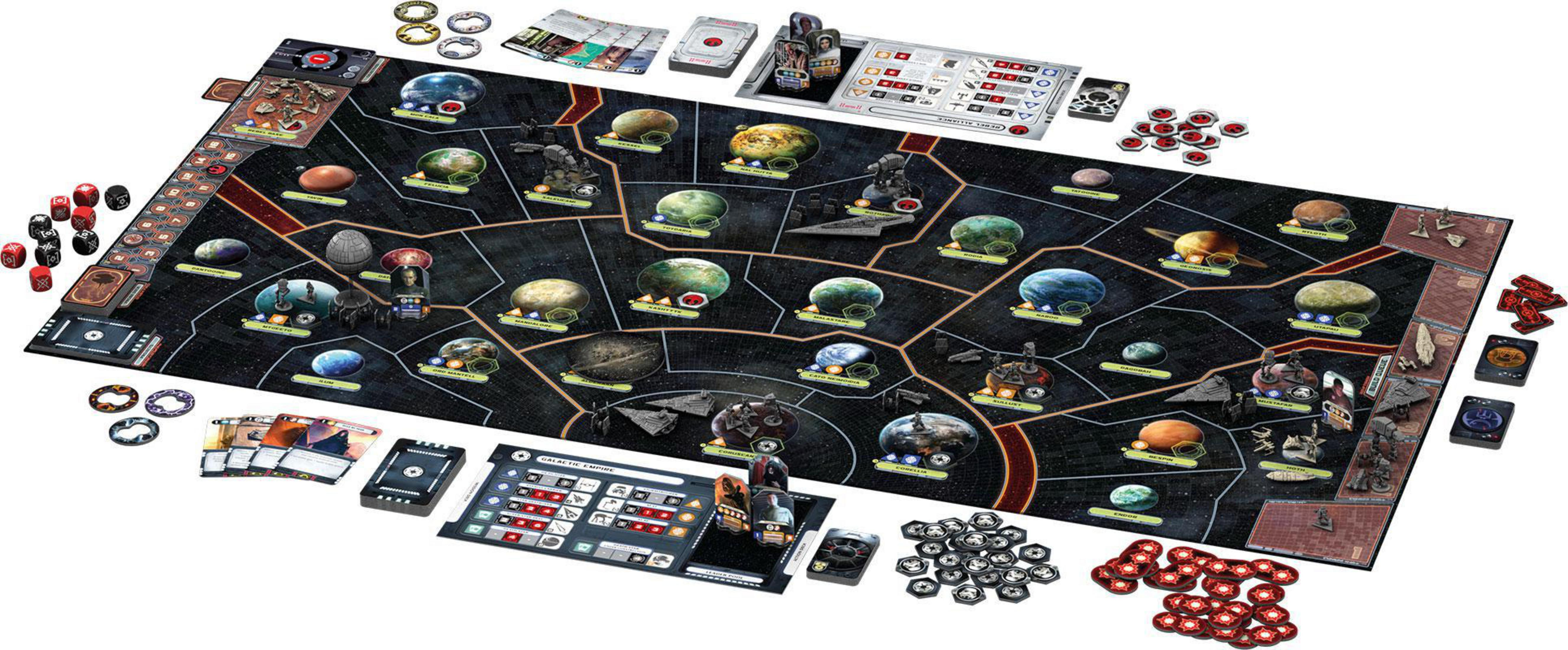 Brettspiel mit Sternenkarten-Design, Spielsteinen und Karten. Mehrere Spielelemente sind sichtbar.