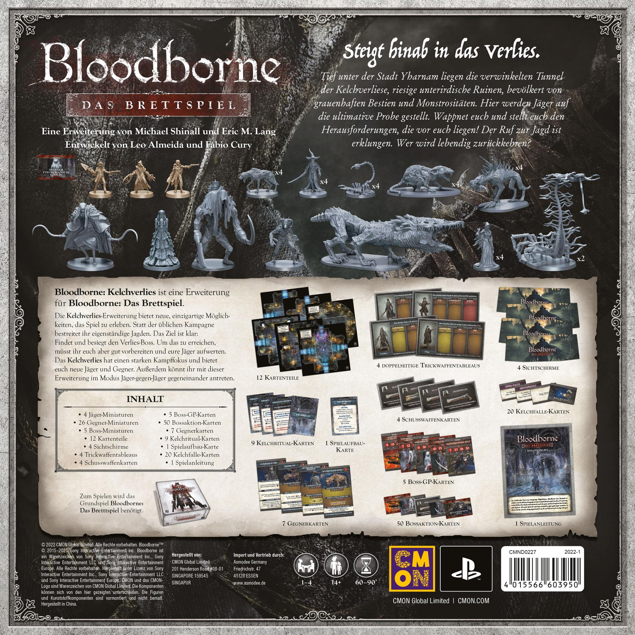 Eine Spielbox mit verschiedenen Spielsteinen, Karten und Figuren, die das Spiel 'Bloodborne' zeigt.