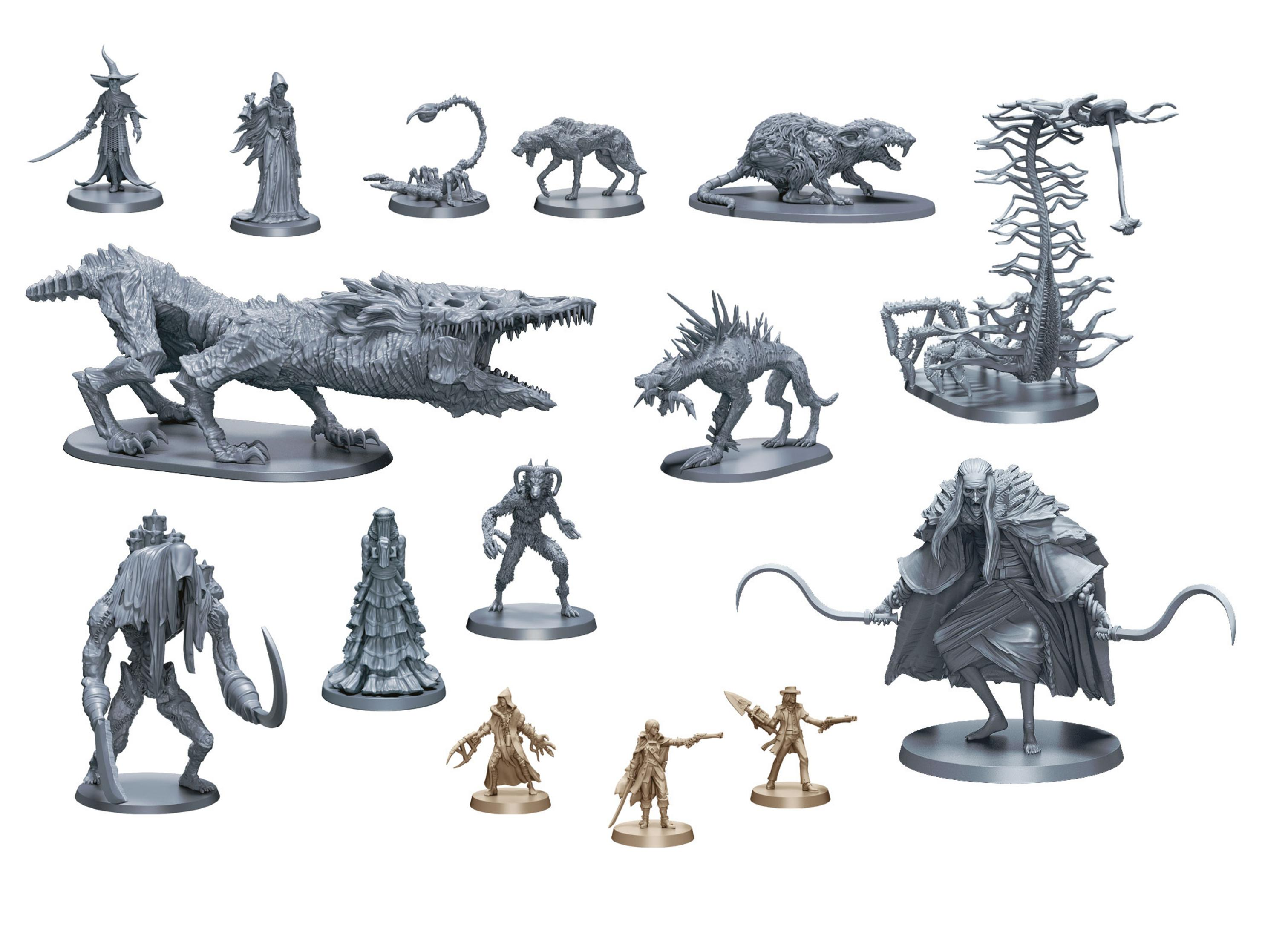 Verschiedene graue Fantasy-Miniaturen, darunter Monster und Charaktere, auf weißem Hintergrund.