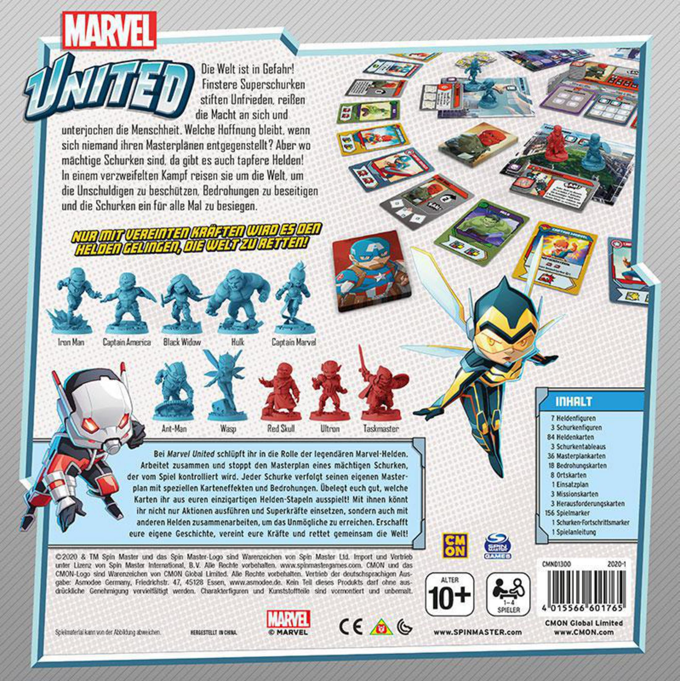 Marvel United Spielbox-Rückseite mit Charakterbildern, Text und Logos. Enthält Iron Man, Captain America u.a.