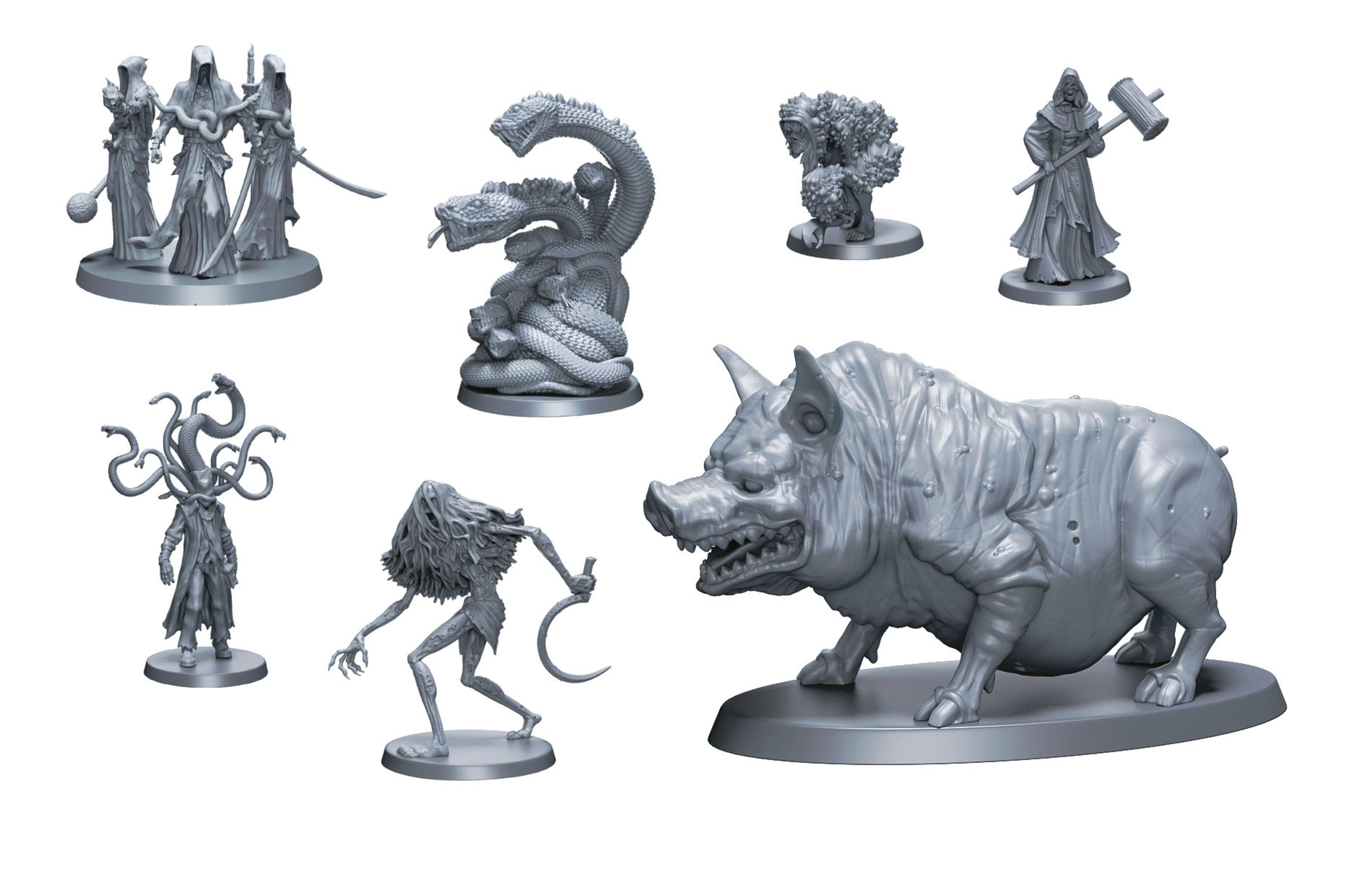 Miniatur-Fantasyfiguren von Monstern und Kreaturen, in Grau, isoliert auf Weiß.