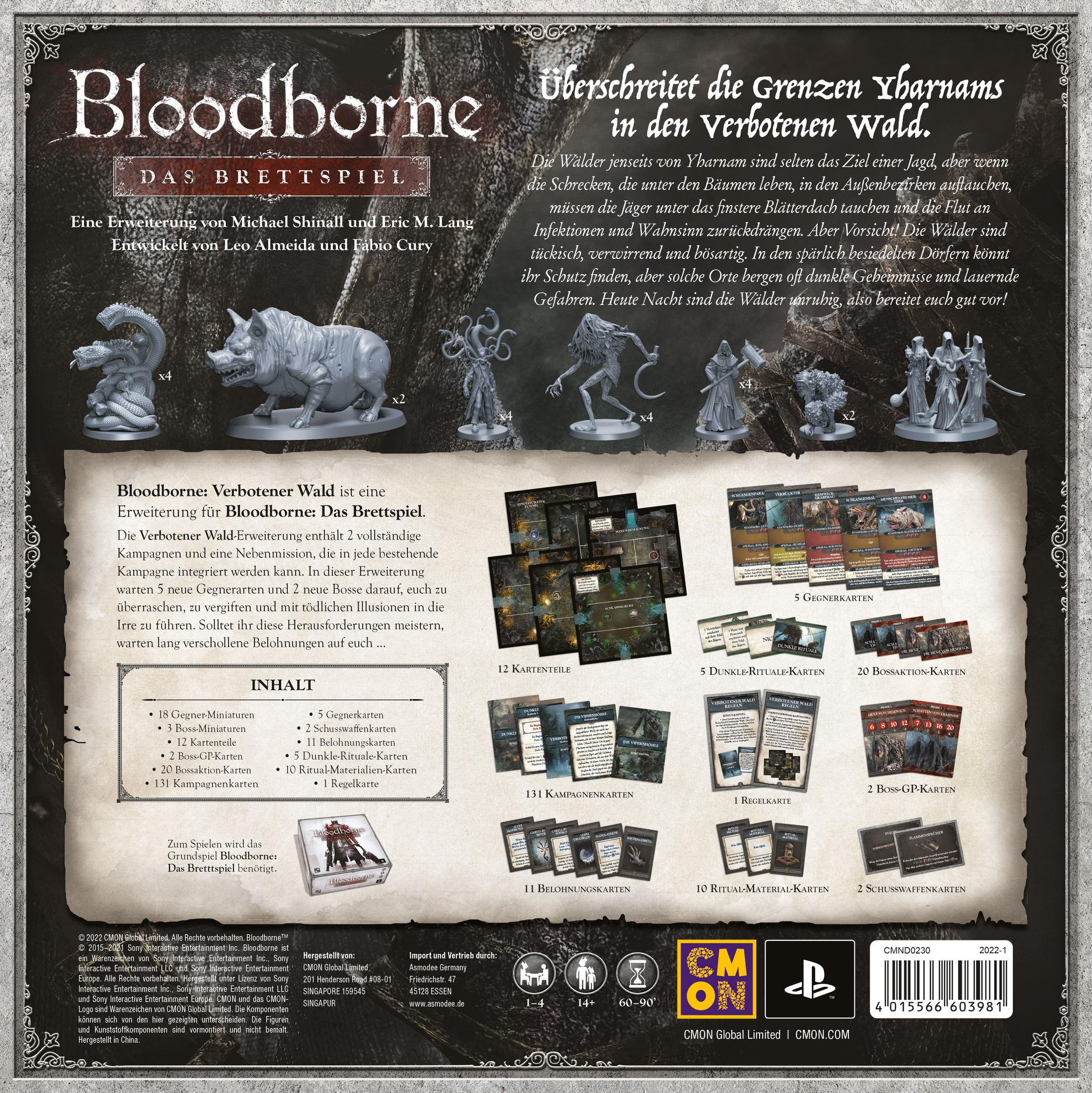 Rückseite der Bloodborne-Brettspielbox mit Text und Bildern.
