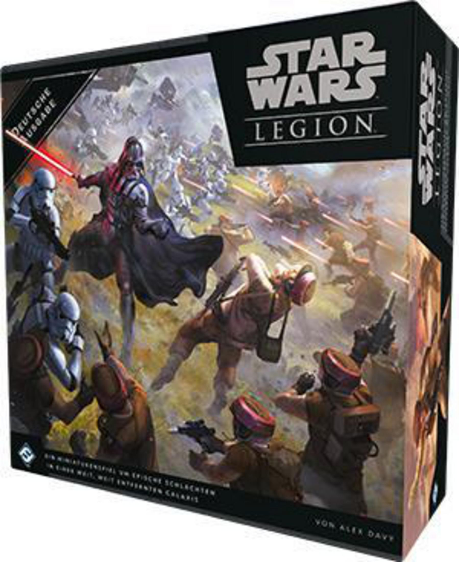 Eine Star Wars Legion Spielbox mit Darth Vader und Truppen, die auf dem Cover kämpfen.