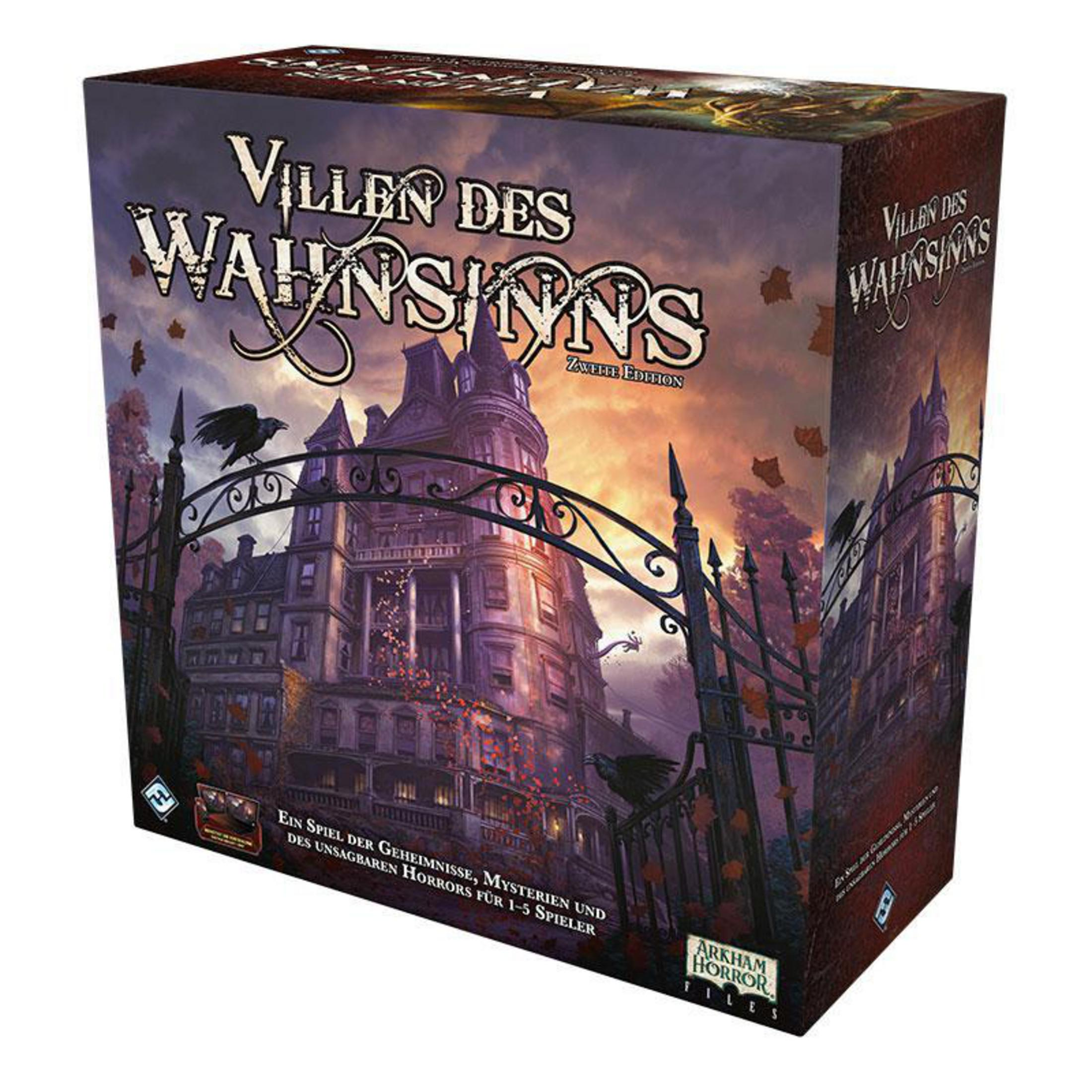 Brettspielbox. Ein unheimliches Haus mit Tor, dunklem Himmel und schwarzen Krähen. Text auf der Box.