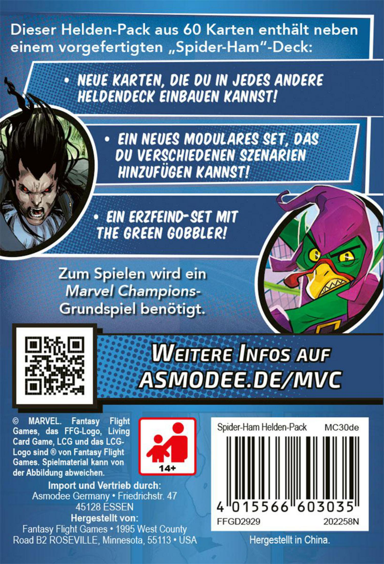 Die Rückseite einer Spielbox für ein Spider-Ham Heroes Pack, mit einer Comic-Stil-Illustration.