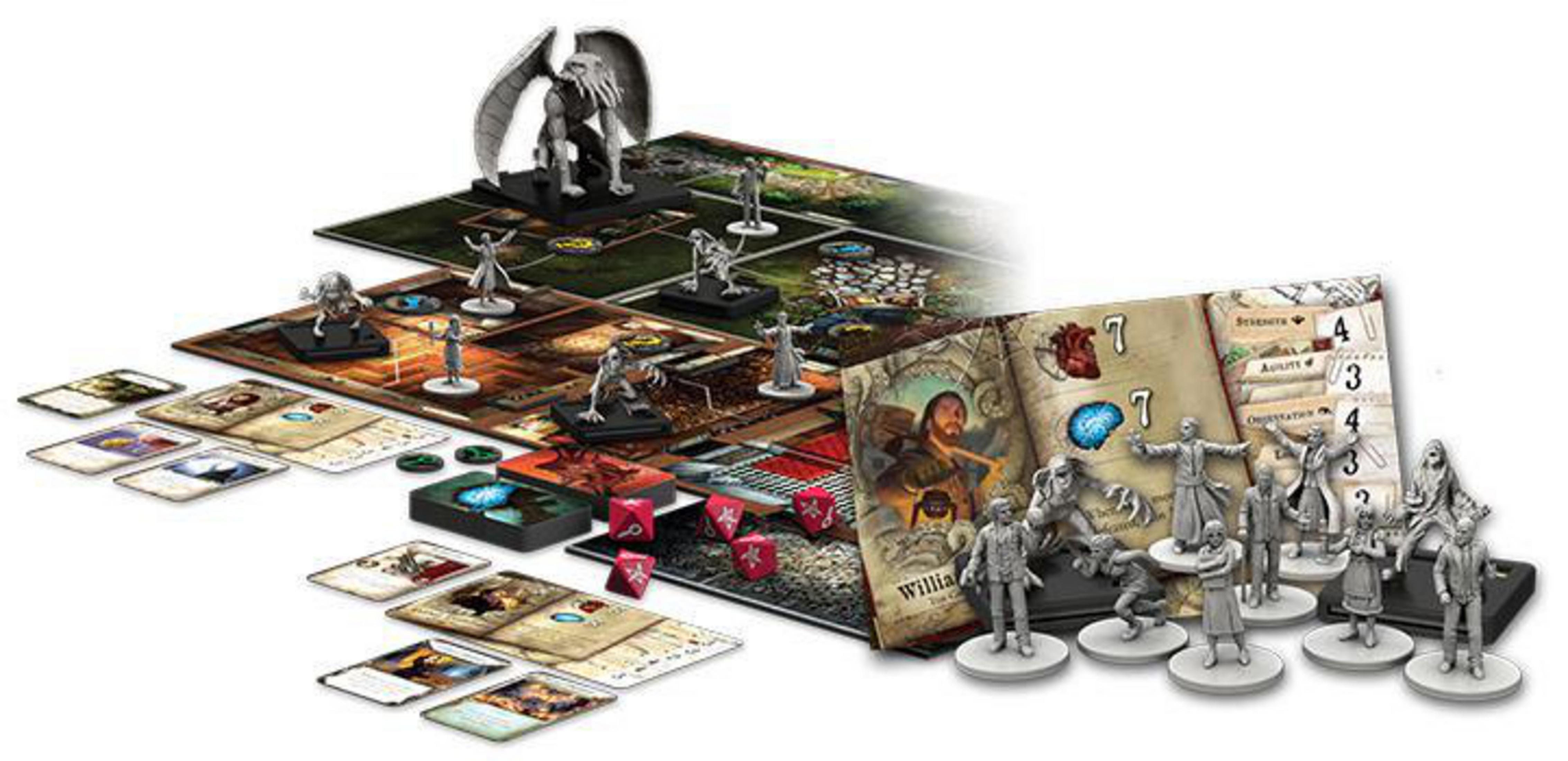Brettspiel-Setup mit Figuren, Karten, Würfeln und einer Gargoyle-Figur. Das Spiel ist aufgebaut.