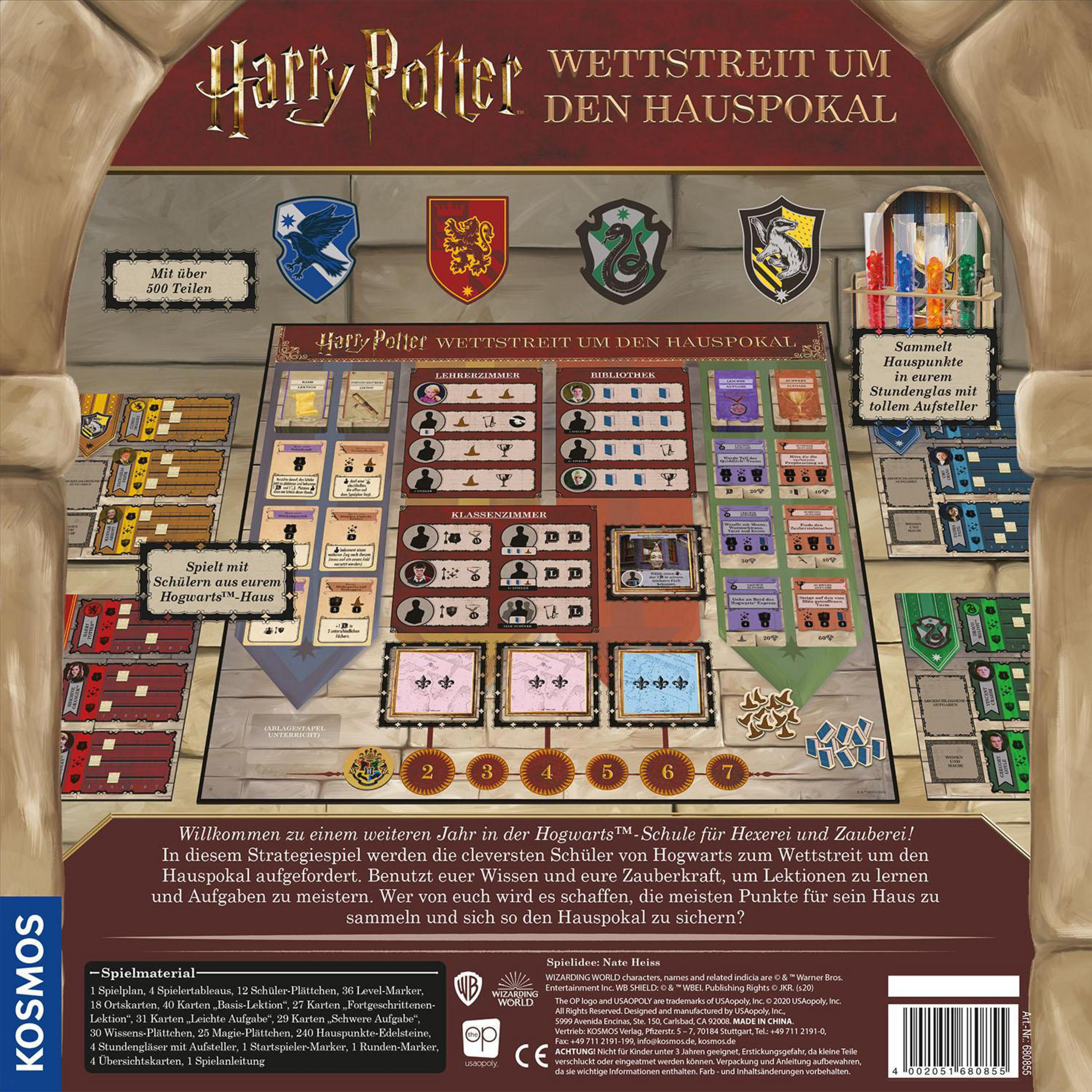 Jeu de société Harry Potter avec plateau, cartes et pièces à l'intérieur d'une entrée.