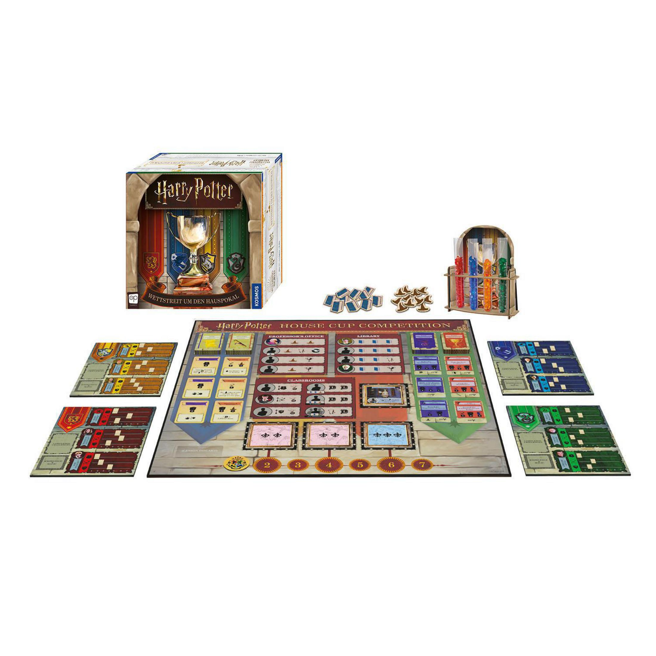 Jeu de société Harry Potter avec cartes, jetons et une boîte. C'est une compétition de la coupe des maisons.