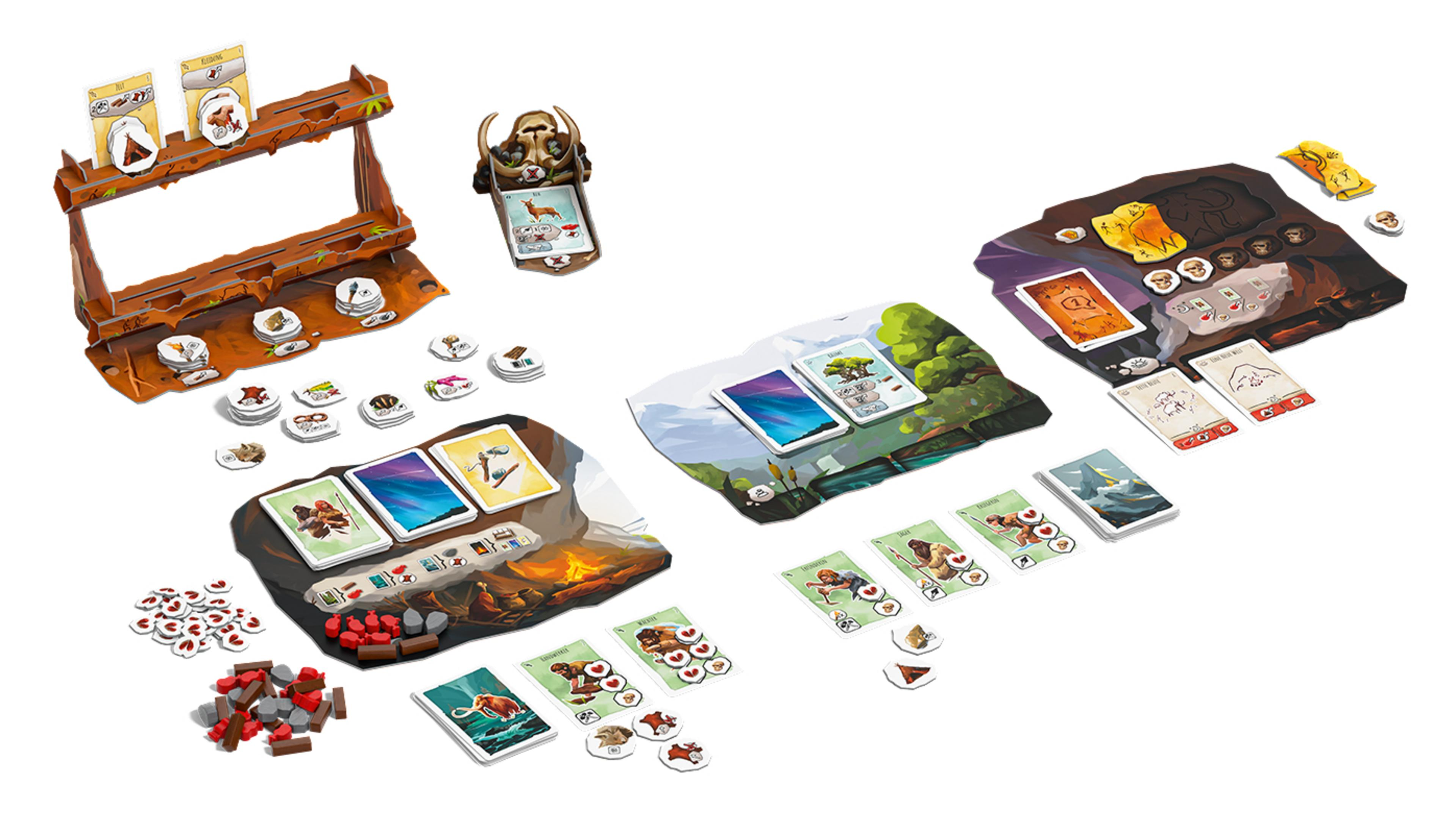 Brettspielkomponenten mit Karten, Spielsteinen und Spielbrettern. Das Spiel scheint in einer Höhlenumgebung zu spielen.