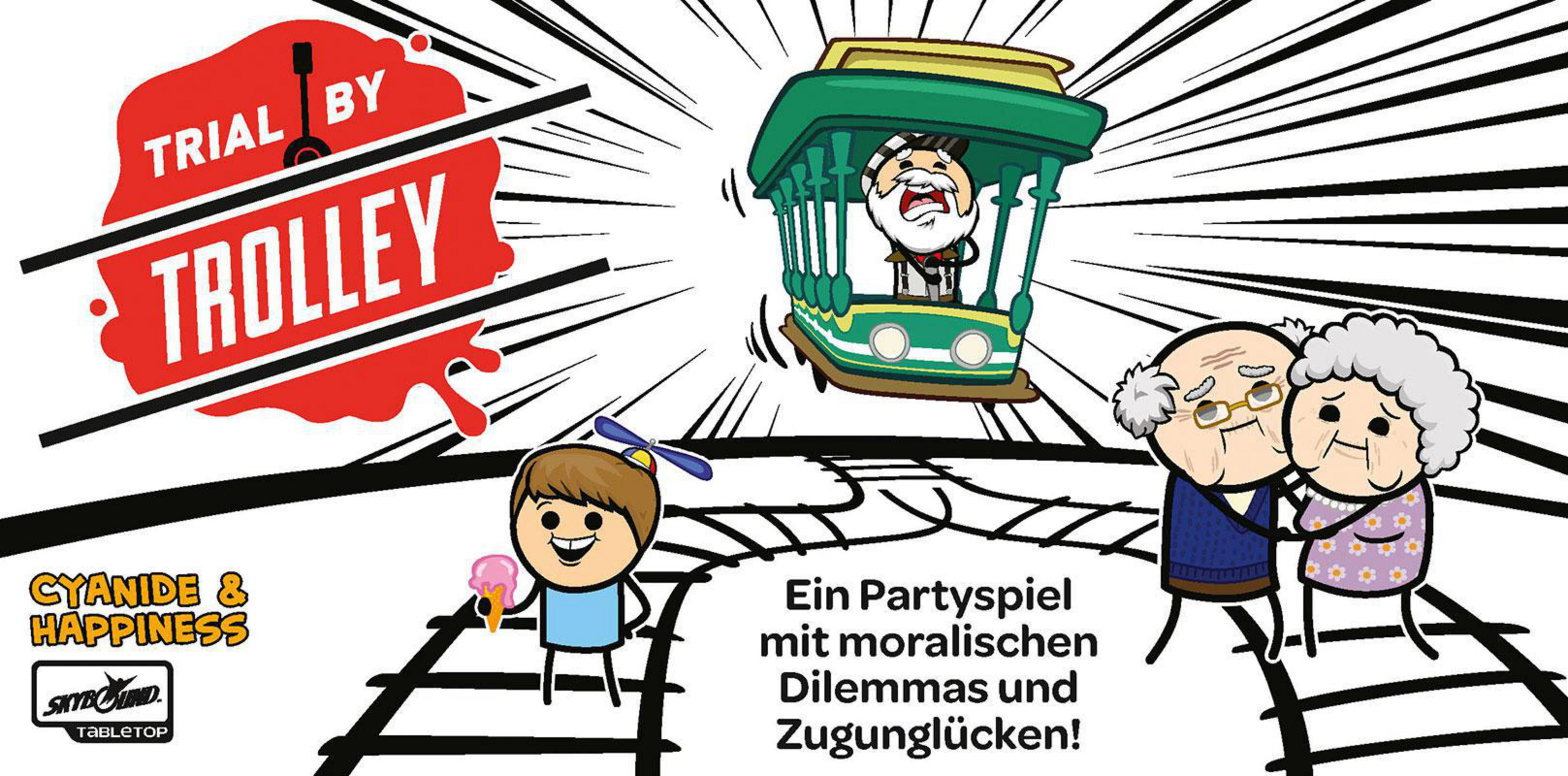 Spielbox mit einem Trolley auf Bahngleisen. Cartoon-Charaktere sind im Vordergrund.