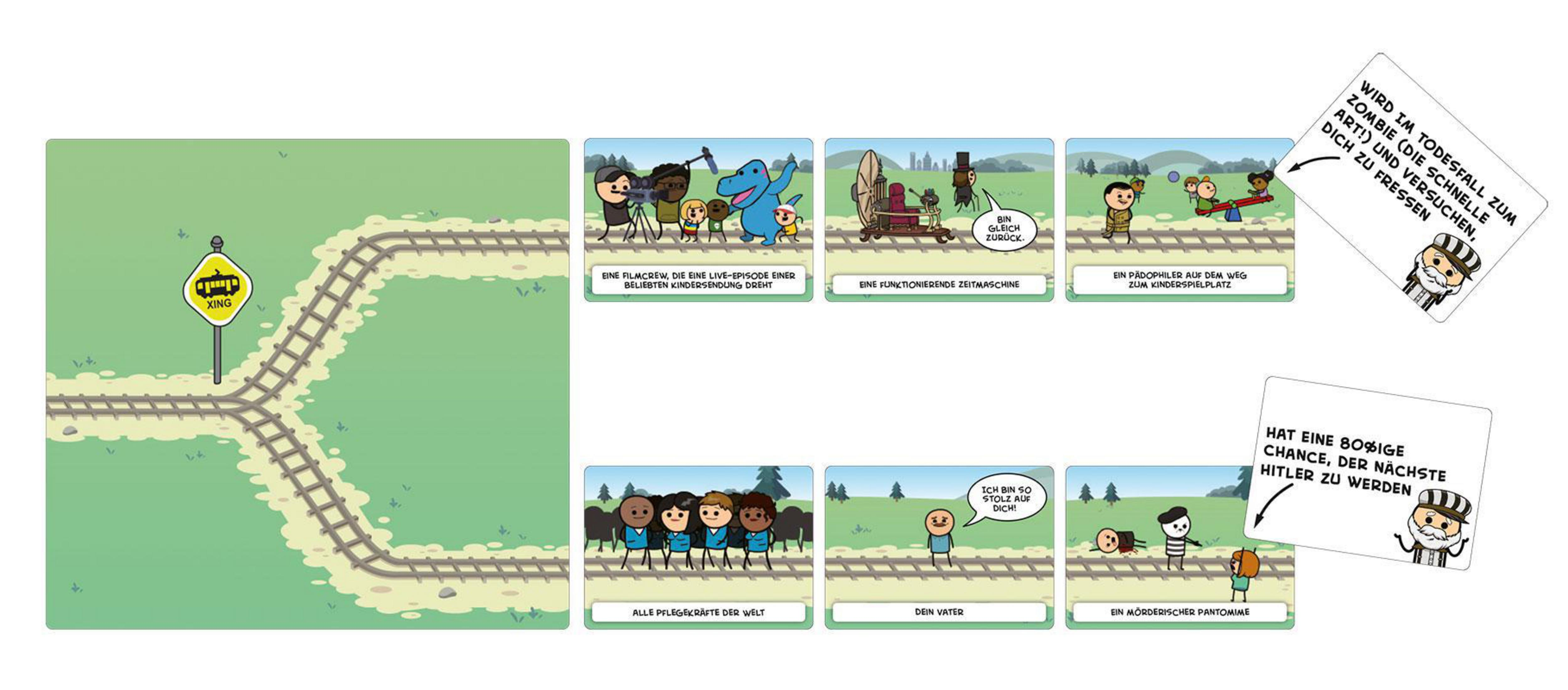 Comic-Strip mit Illustrationen und Text, mit einer Eisenbahn und einem Schild.