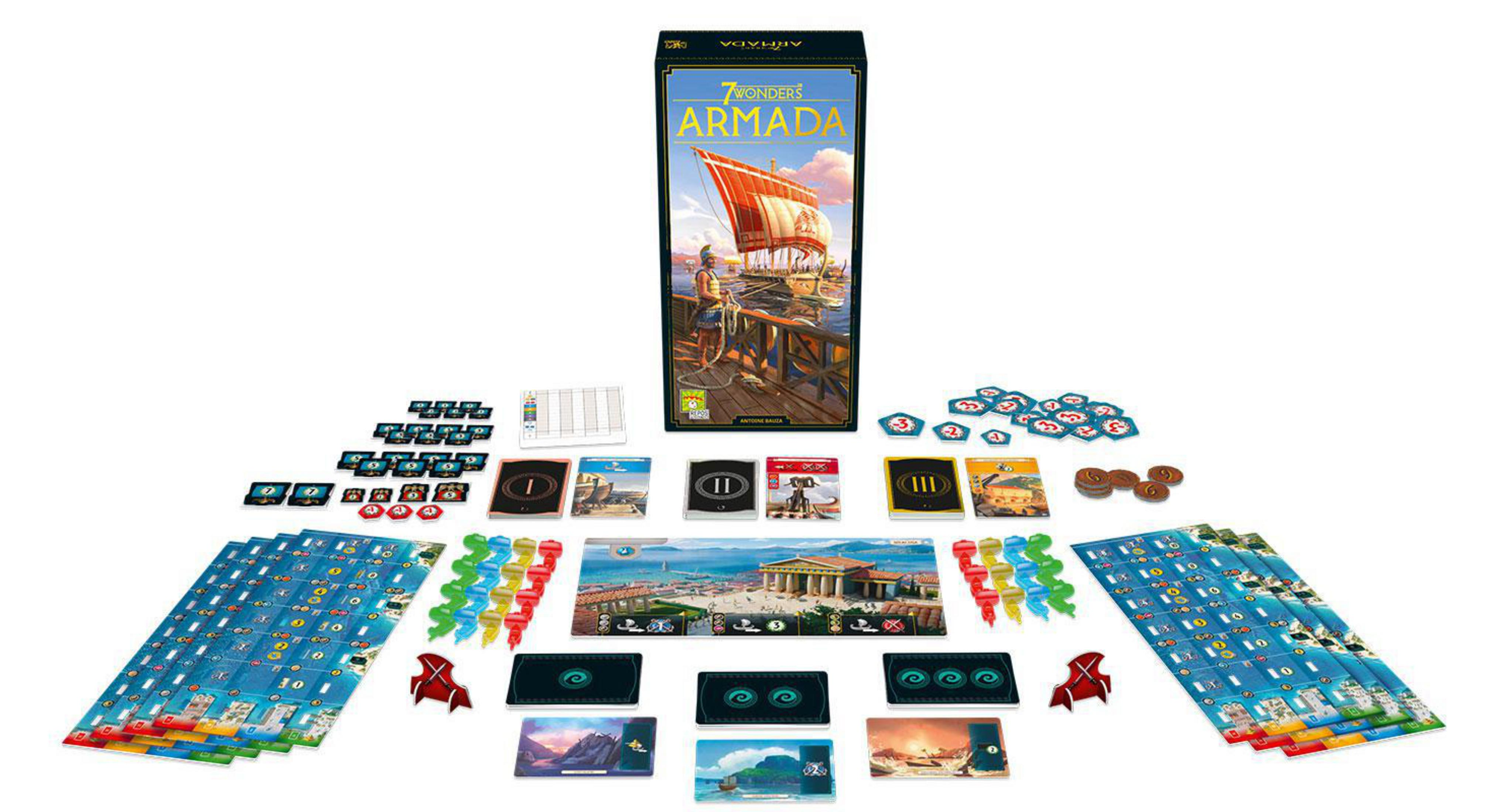7 Wonders Armada Brettspielbox. Figuren und Karten sind auf weißem Hintergrund angeordnet.