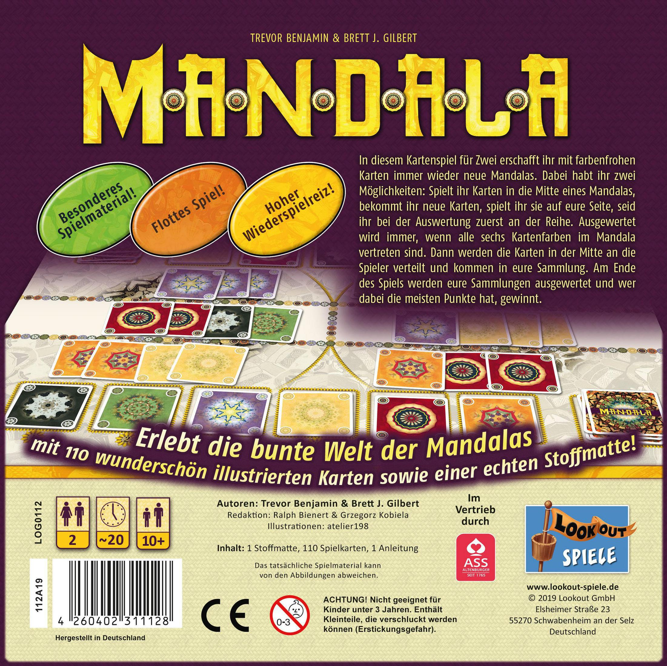 Mandala Brettspielbox. Die Box zeigt farbenfrohe Muster, Spielsteine und Text.