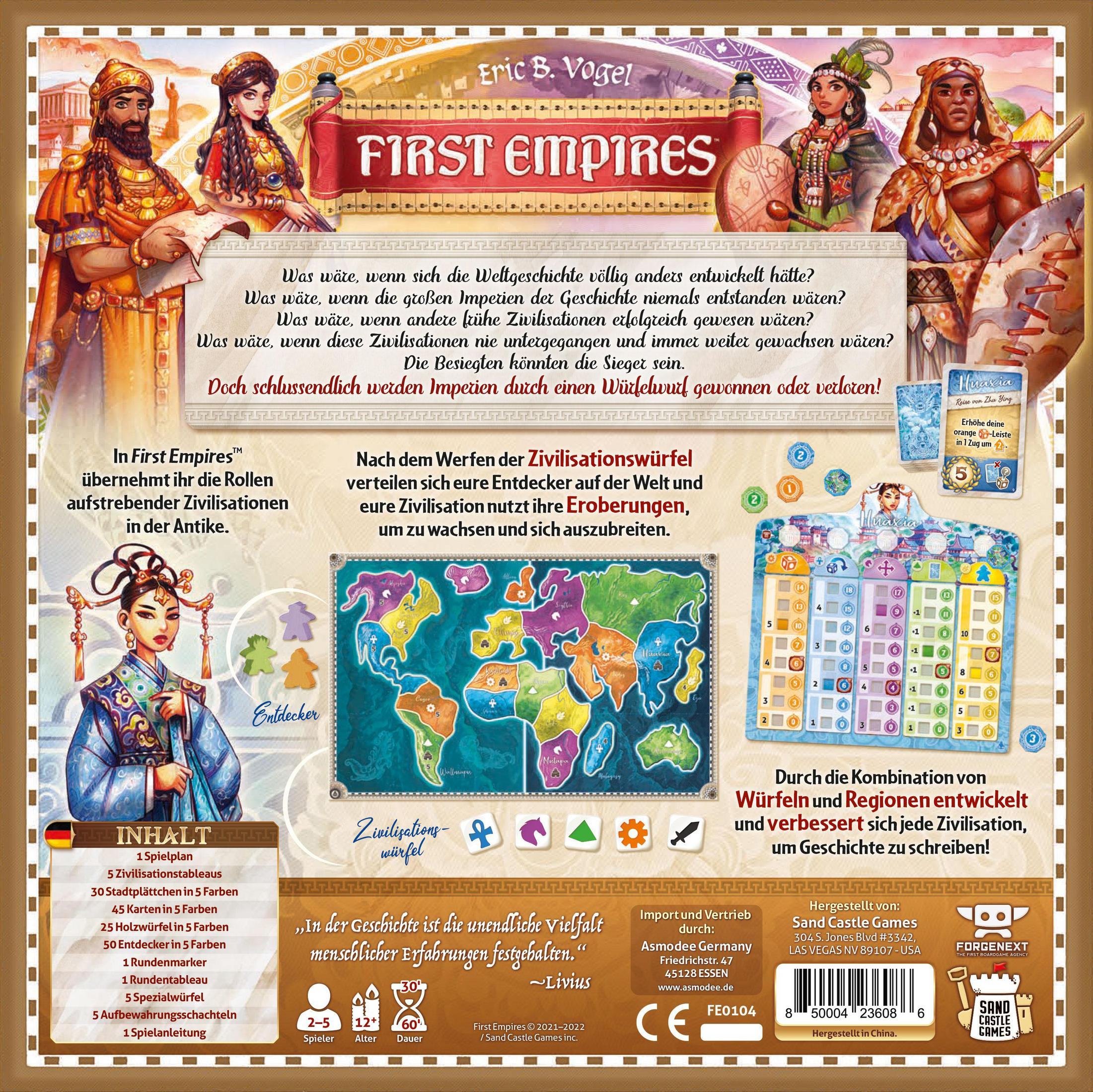 Brettspielbox mit historischen Figuren und einer Weltkarte. Die Box hat Text und Bilder.