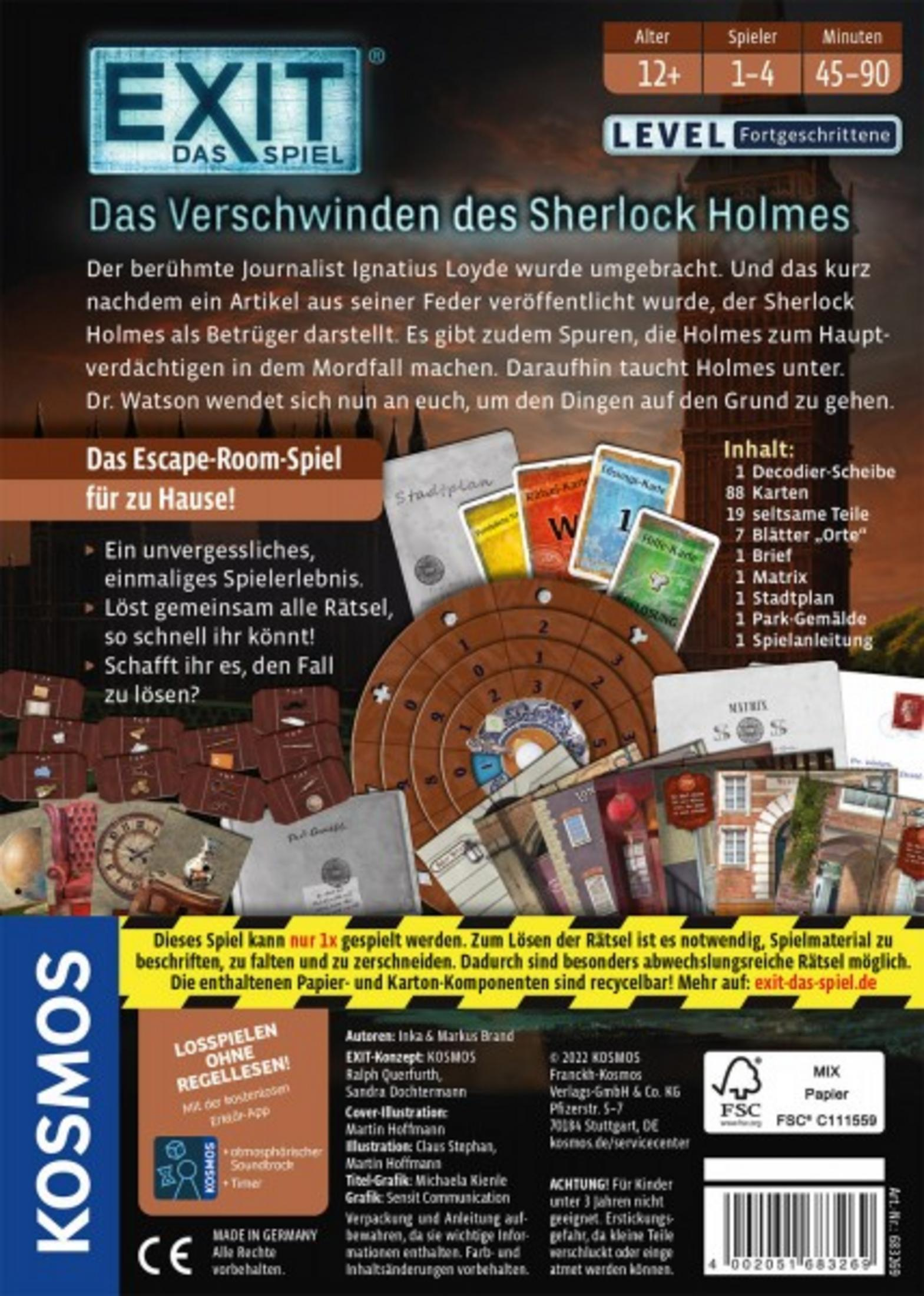 Die Rückseite einer Exit-Spielbox. Es zeigt Spielsteine und Illustrationen der Spielkomponenten.