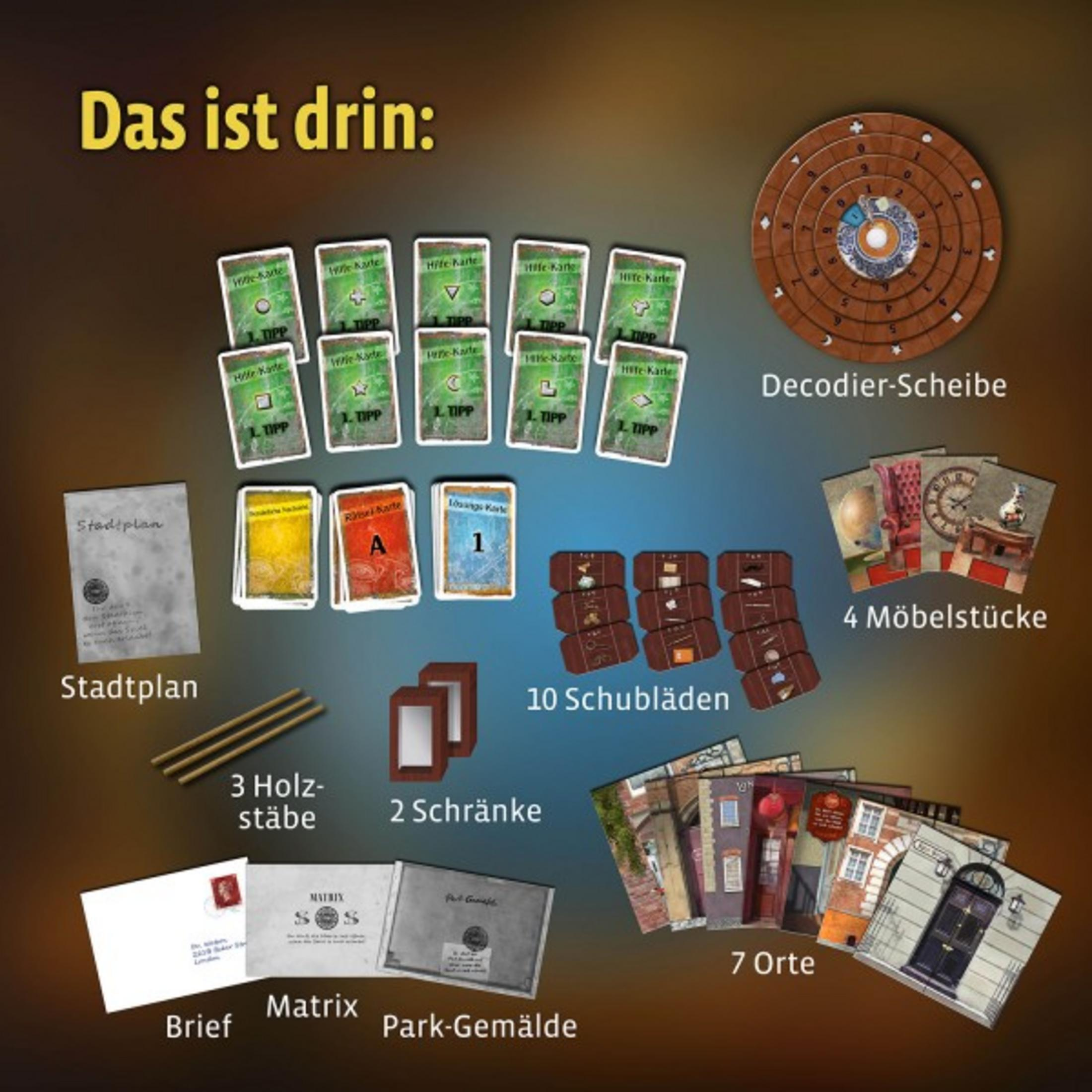 Spielkomponenten: Karten, Token und ein Spielbrett, mit dem Text 'Das ist drin', um den Inhalt anzuzeigen.
