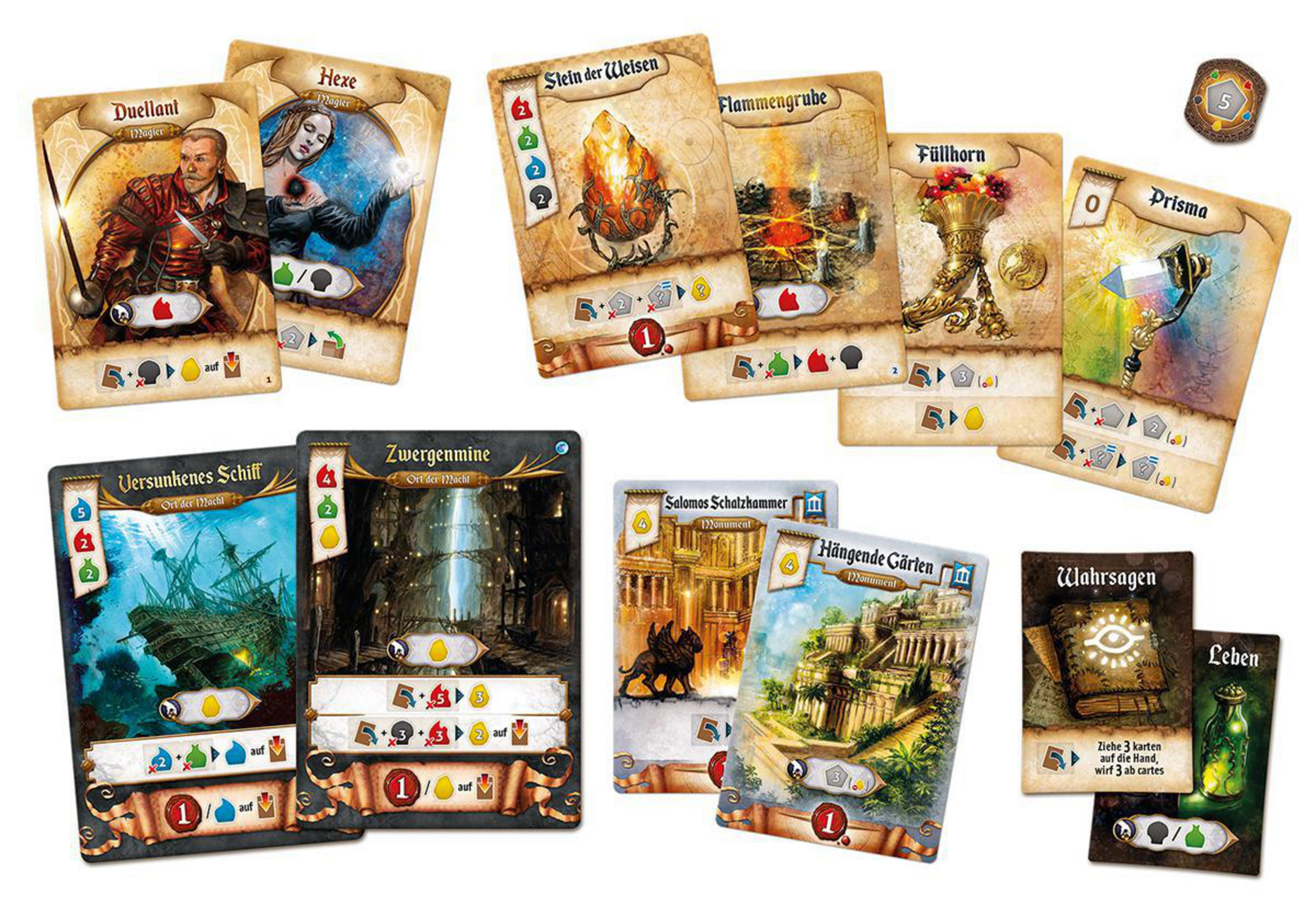 Brettspielkarten mit Fantasy-Themen, mit Illustrationen von Charakteren und Objekten.