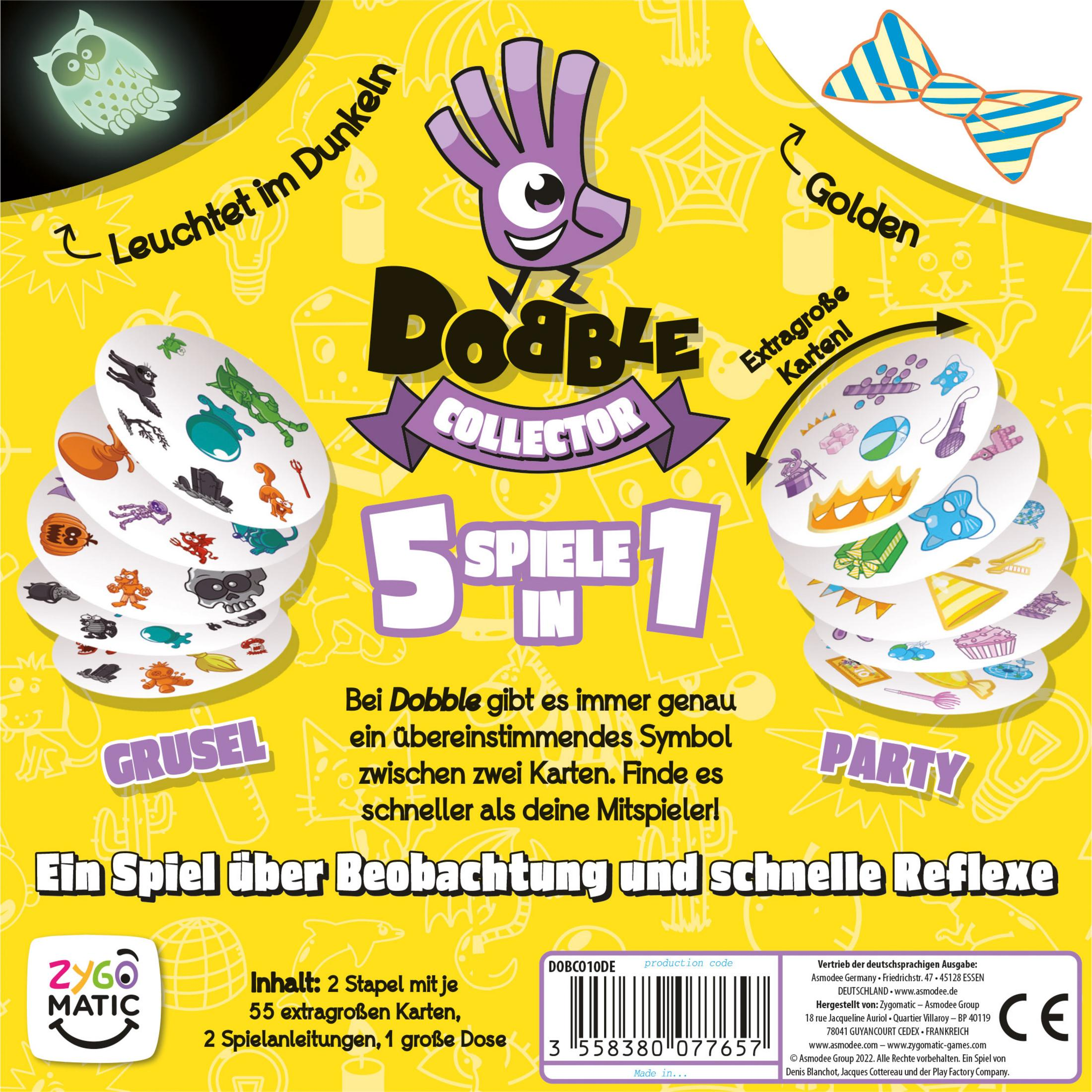 Boîte de jeu Dobble Collector. Plusieurs cartes sont affichées autour de la boîte. Comprend le nom et le logo.