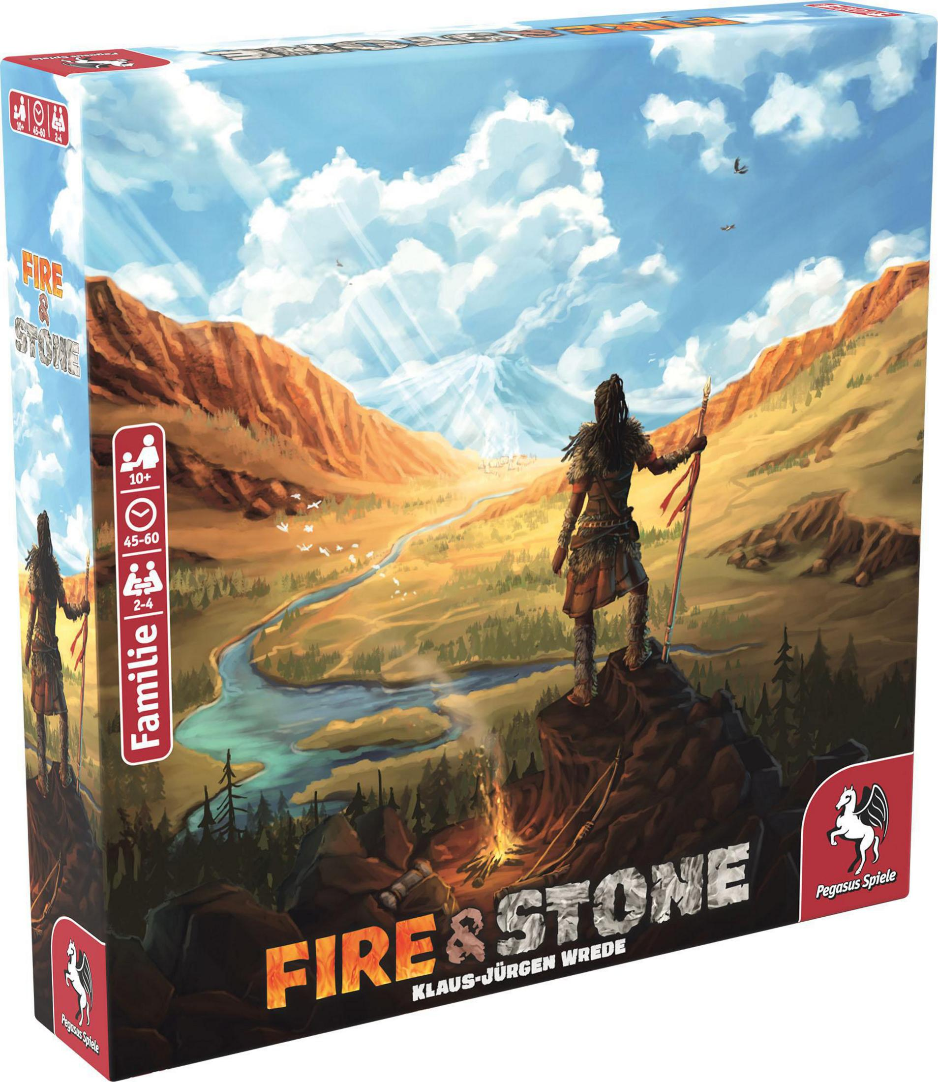 Eine Brettspielbox mit einer Frau, die einen Speer hält, auf Landschaftshintergrund, Berge und Himmel.